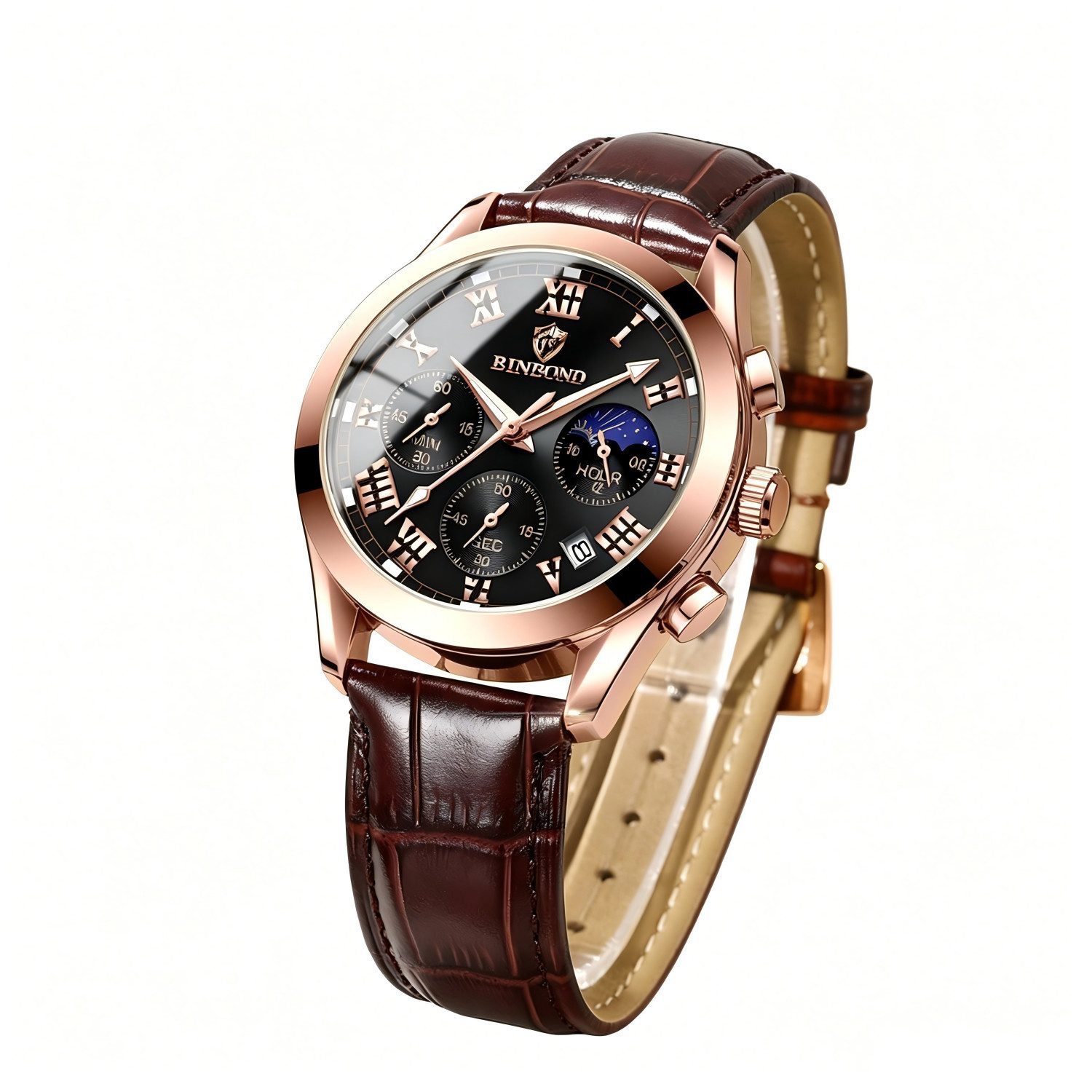 ibettertec Quarzuhr Herren Armbanduhr, Business Quarzuhr, Armbanduhr, Edelstahl Herren Uhr, (Quarzuhr mit Datum, Wasserdichte Uhr 30M, Lederarmbanduhr Herren), Mondphase Uhr, Leuchtzeiger Uhr, Geschenk für Männer