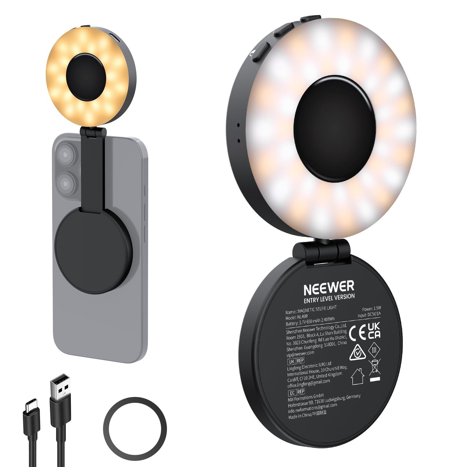 Neewer Videoleuchte NL40R Magnetische Selfie Licht, Faltbar, 4 Modi, CRI95+, 914lx, Ringlicht für iPhone MagSafe Live Streaming Make up Konferenz