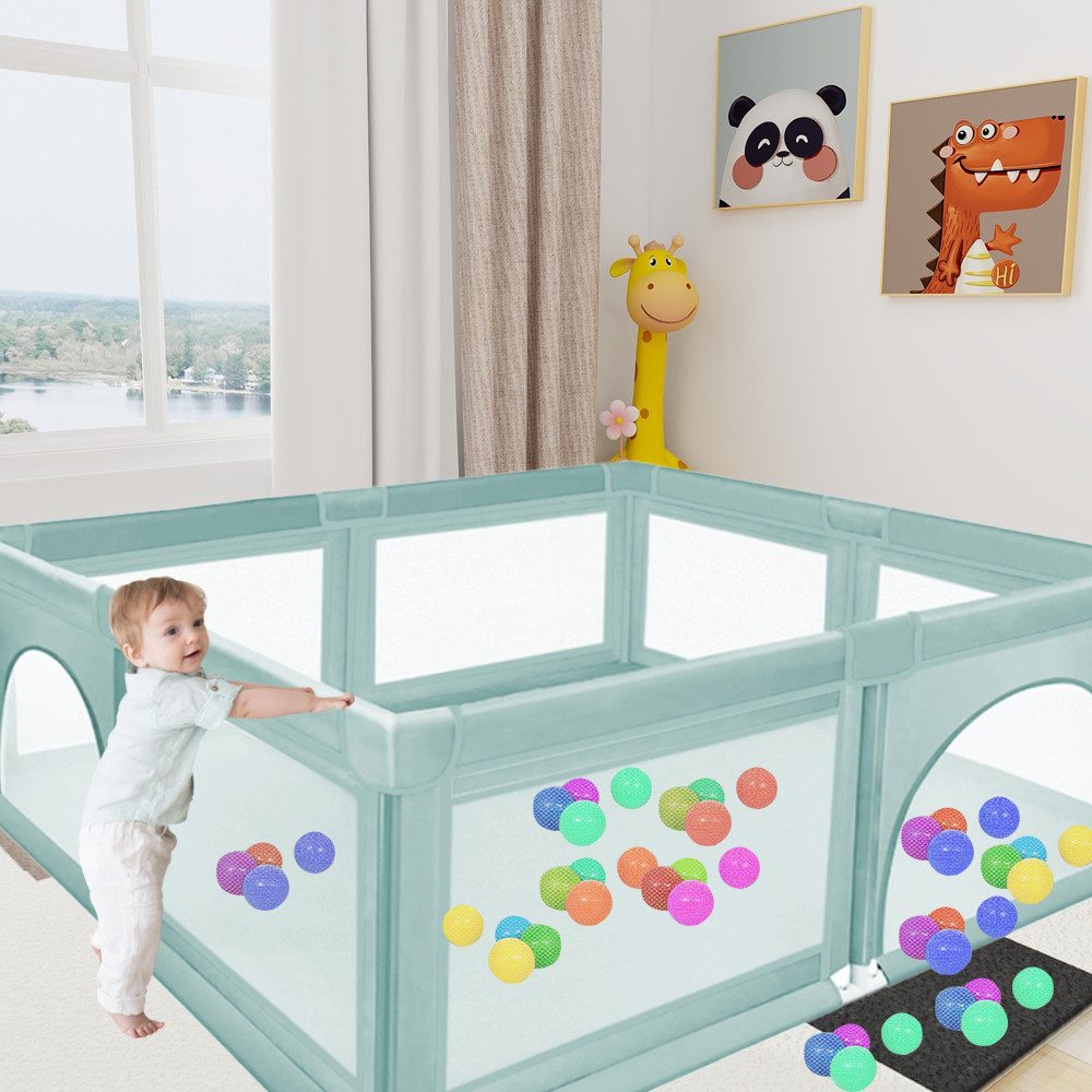 JEOBEST Laufgitter Laufstall Baby 120x120cm Laufstall mit atmungsaktivem Netz, Laufstall für die Wohnung, Oxford Gewebe, 50 Bällen, 2 Seiteneingänge