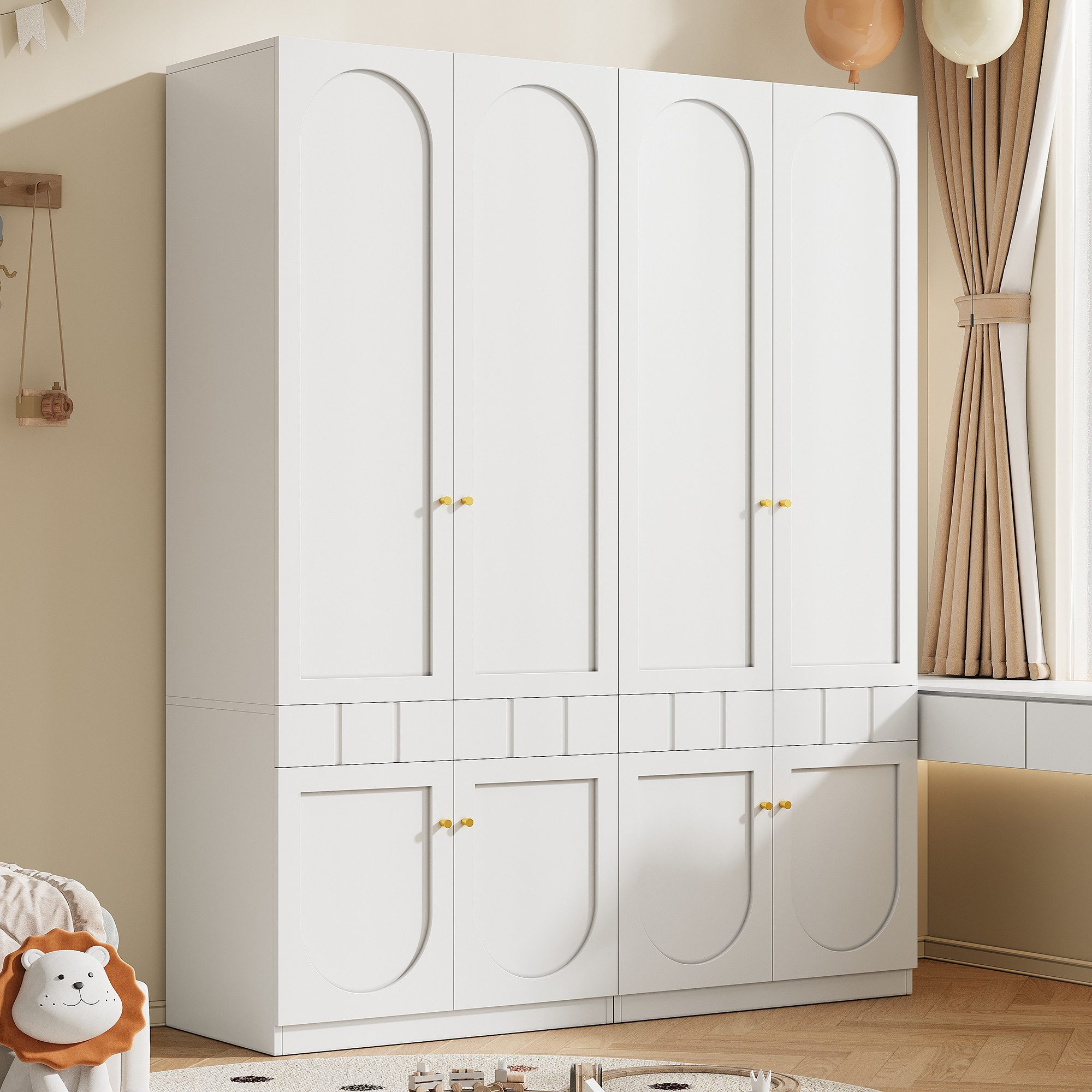 MODFU Kleiderschrank Set 2-tlg. 160x200x50 cm mit Schubladen (Packung, 2-St., Schlafzimmermöbel mit viel Stauraum) Mit Kleiderstange & Schubladen, Metallgriffe, 2-türiger, Weiß