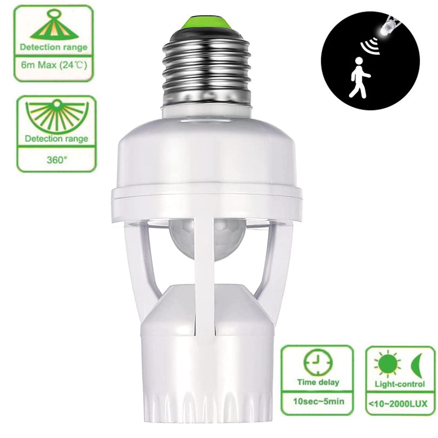 Jioson Lampenfassung Lampenfassung Lampensockel Sets Adapter Fassung Lampe Stecker, (Kompatibel mit allen E27-Schraubenlampen, 1 Stück, geeignet für LED-, CFL- und Wolframlampen), Mit Lichtsensor schaltet und 360°-Bewegungsmelder