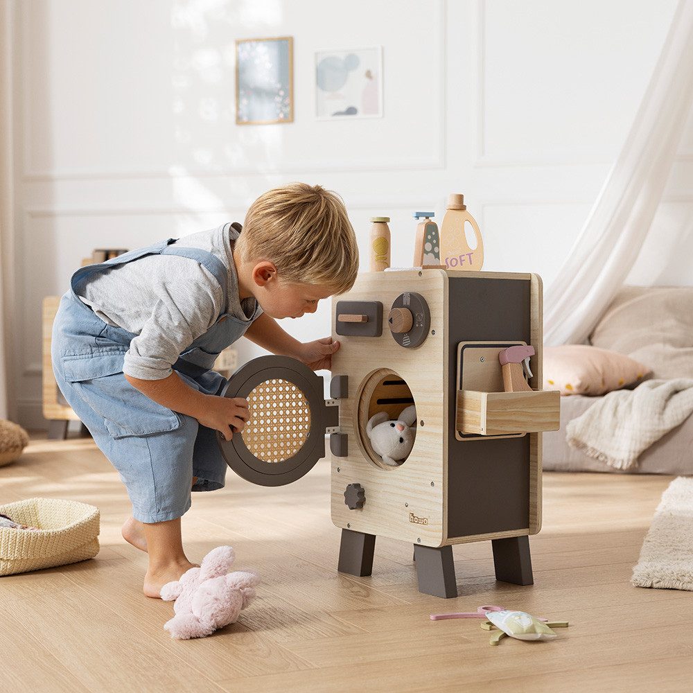 howa Kinder-Waschmaschine, aus Holz Spielzeug Waschmaschine mit drehbarer Trommel