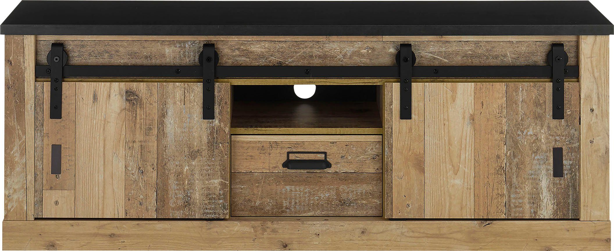Home affaire Lowboard SHERWOOD, Holz Dekor, mit Scheunentorbeschlag und Apothekergriff, Breite 162 cm