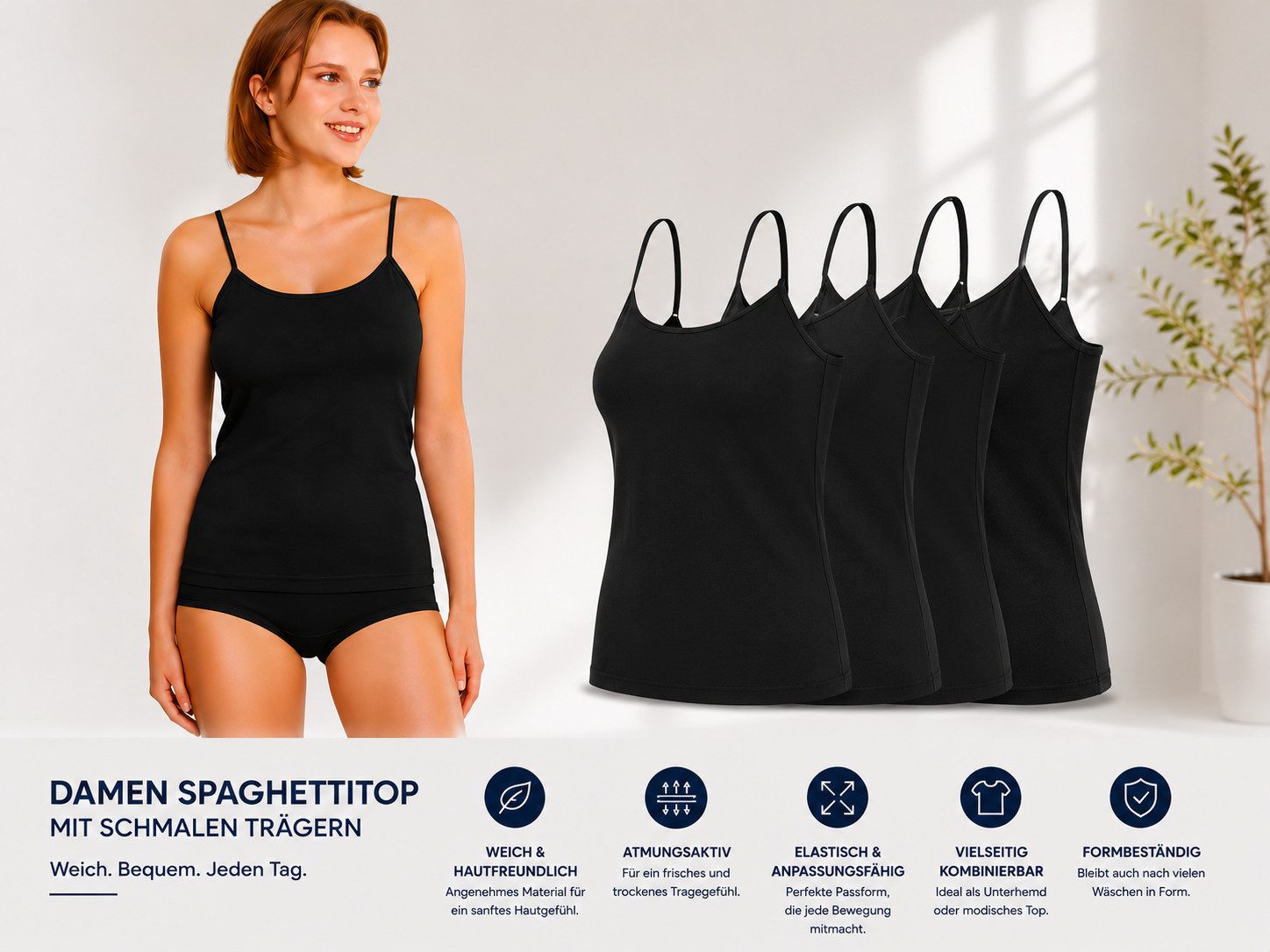 DDOnlineShop Unterhemd Damen Spaghettiträger Tank Top Schwarz 4er Pack (Spar-Set, 4-St., 4er-Pack) Premium Qualität A2016