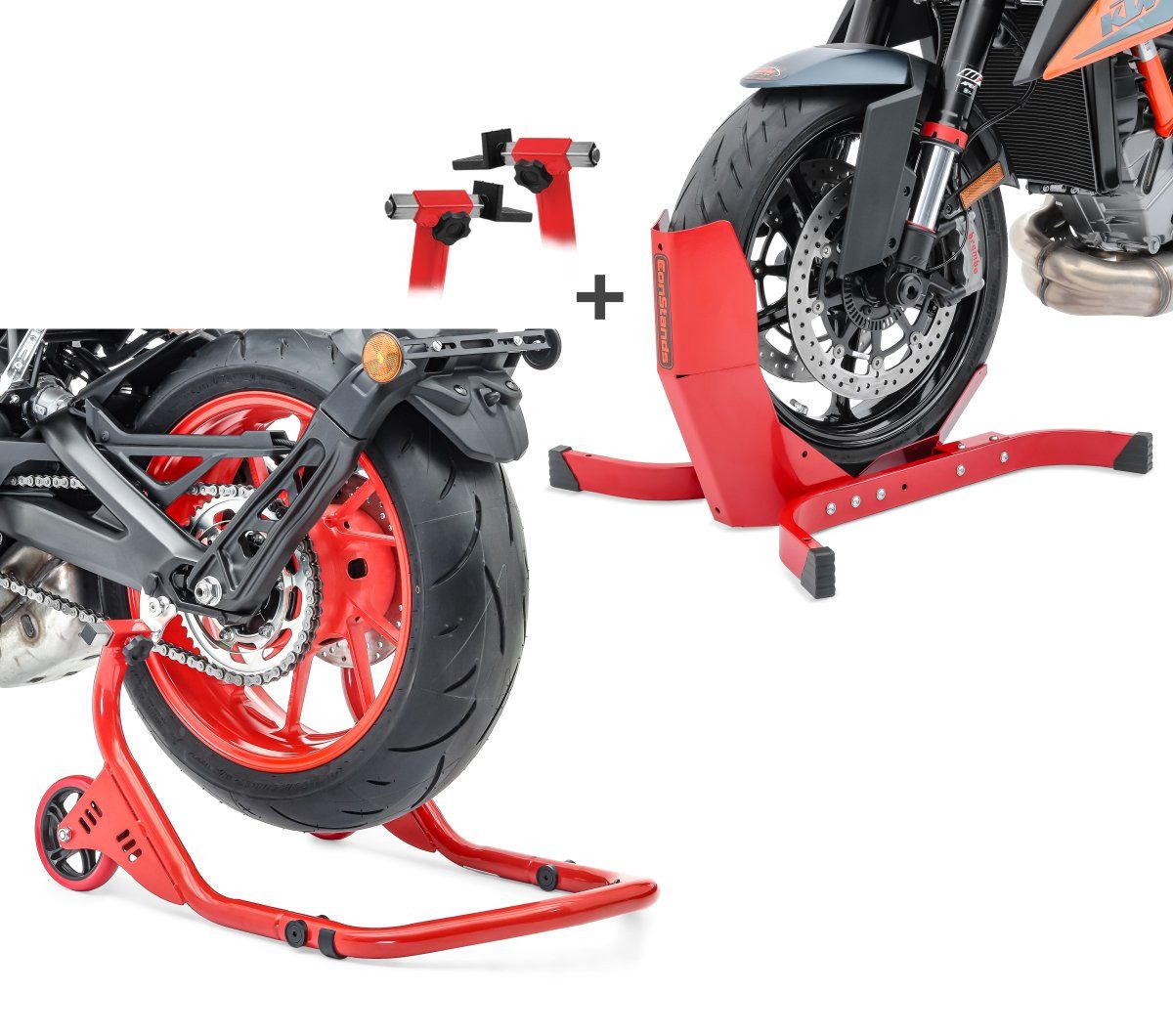 Motorradheber Set FP1 Motorrad Montageständer Hinten + Motorradwippe Easy Plus rot