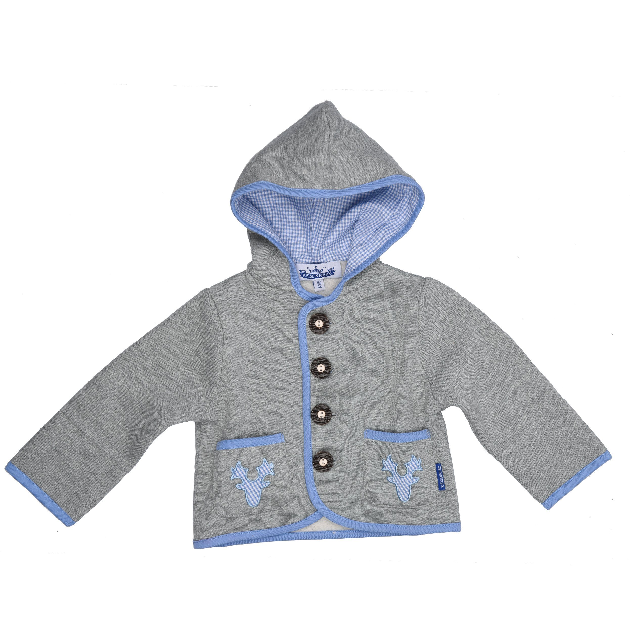 Trachtenjacke Kapuzenjacke mit Geweih, hellblaue Applikation