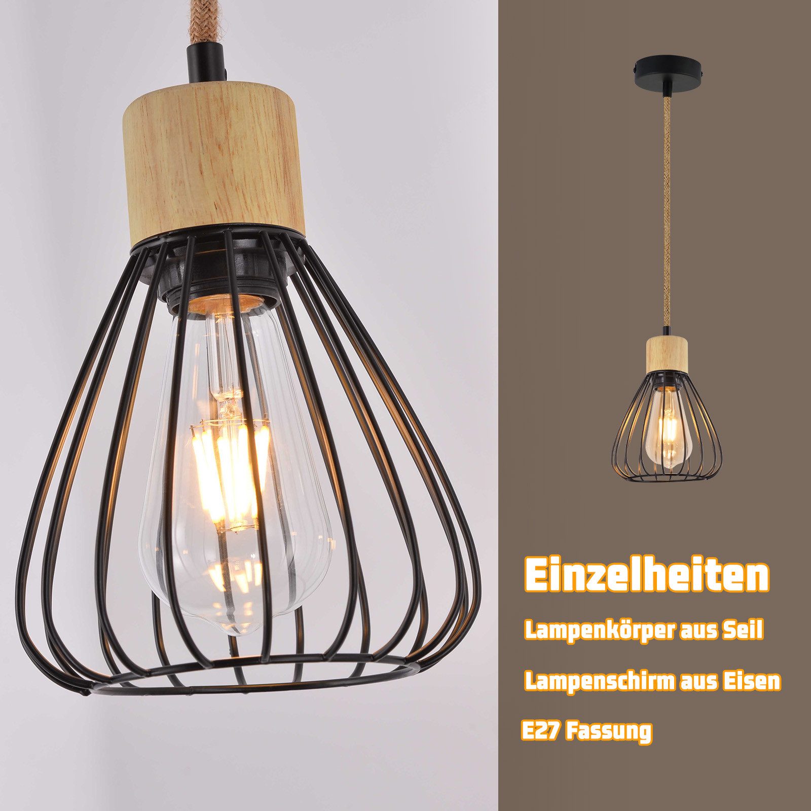 ZMH Pendelleuchte Esszimmer Schwarz Retro Hanfseil günstig online kaufen