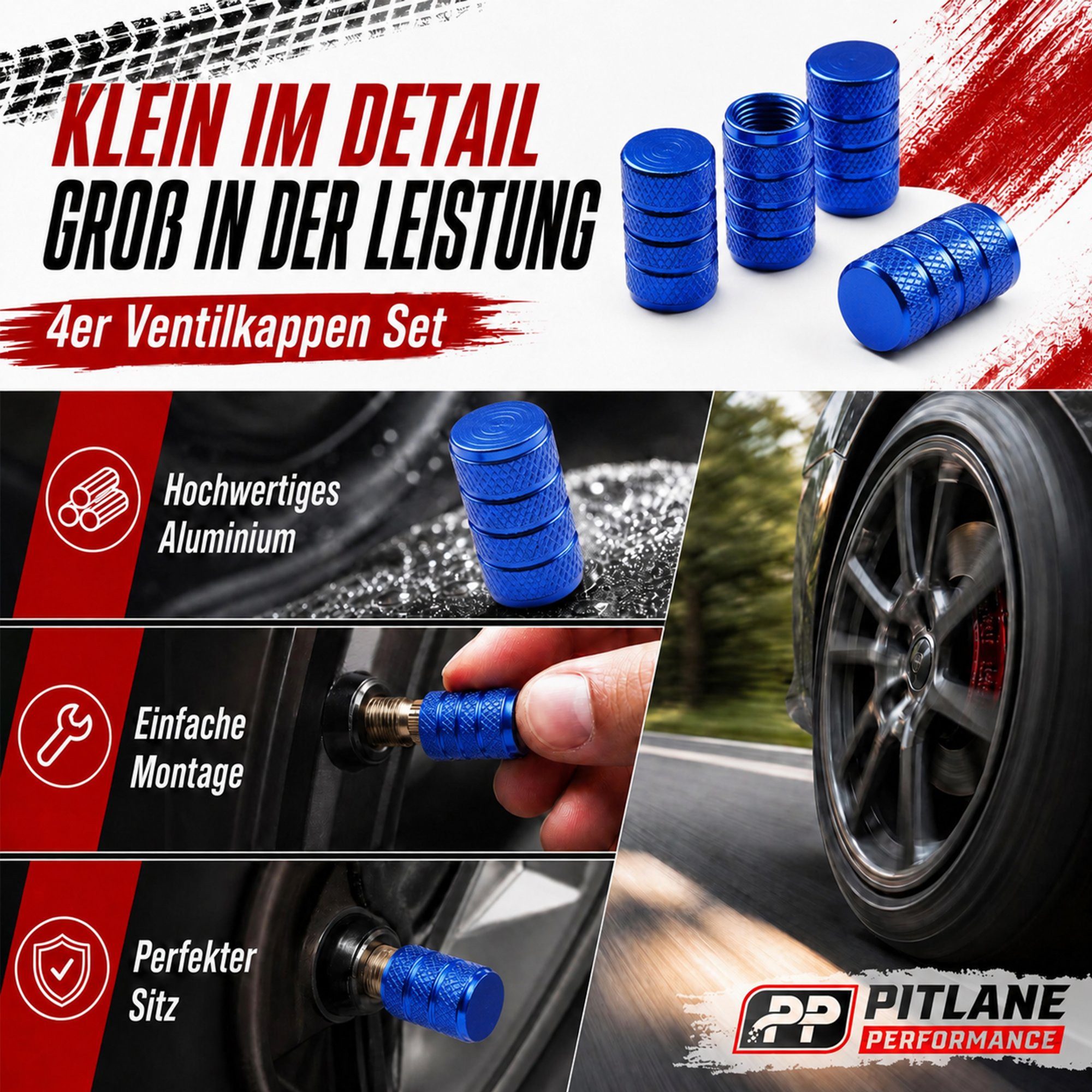 Pitlane Performance Ventilkappe Alu-Ventilkappen für Schrader-Ventile, (Ventilkappen-Set, 4-St., 4 Stück aus Aluminium), Korrosionsschutz und innenliegende Dich – Bild 4 von 5
