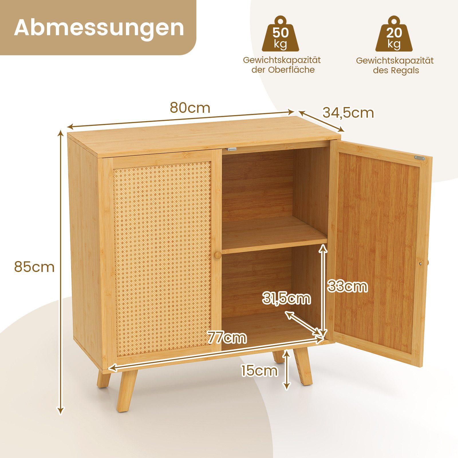 COSTWAY Küchenbuffet Sideboard Küchenschrank mit 2 Rattantüren, Bambus