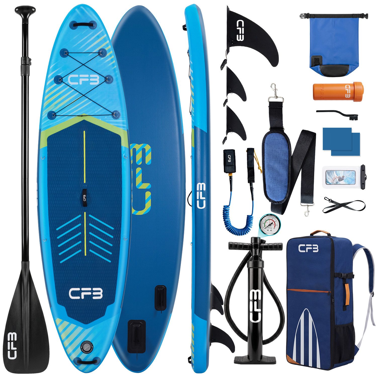 CFB Inflatable SUP-Board 320x84x15 cm, 84 cm breite Standfläch mit großes EVA-Deckpad, Stand Up Paddle Board, (iSUP Komplett-Set, 12 tlg., mit Alu Paddel, Pumpe, Leash, 5L Dry Bag, Rucksack und Schultergurt), Belastbarkeit 160 kg, SUP aufblasbar für Anfänger & Erwachsene