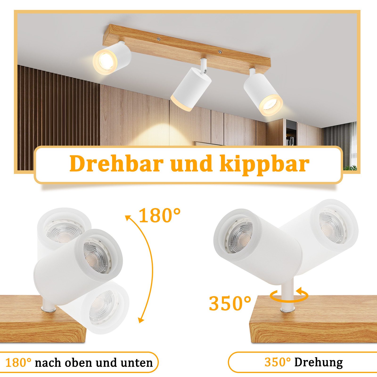 ZMH LED Deckenstrahler 2/3/4 Flammig GU10 Holz-Acryl Deckenleuchte 350° Drehbar Wohnzimmer, ohne Leuchtmittel, Weiß, 2 Installationsmethoden(Decken/Wandmontage) – Bild 5 von 5