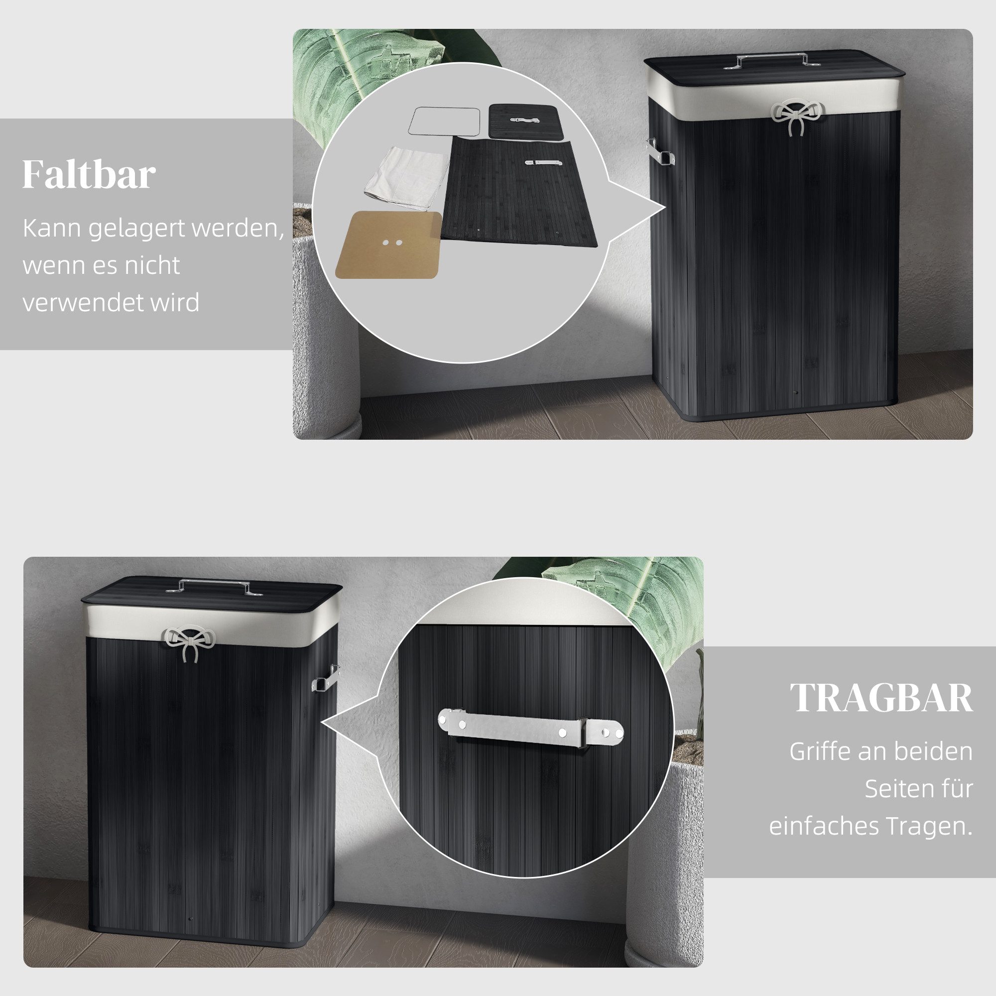 HOMCOM Wäschekorb schmal Wäschesammler mit Griff, für Schlafzimmer & Bad, Schwarz (Set, 1 St., Wäschekorb mit Wäschesack), 72L, Bambus, herausnehmbarer Wäschesa – Bild 4 von 5