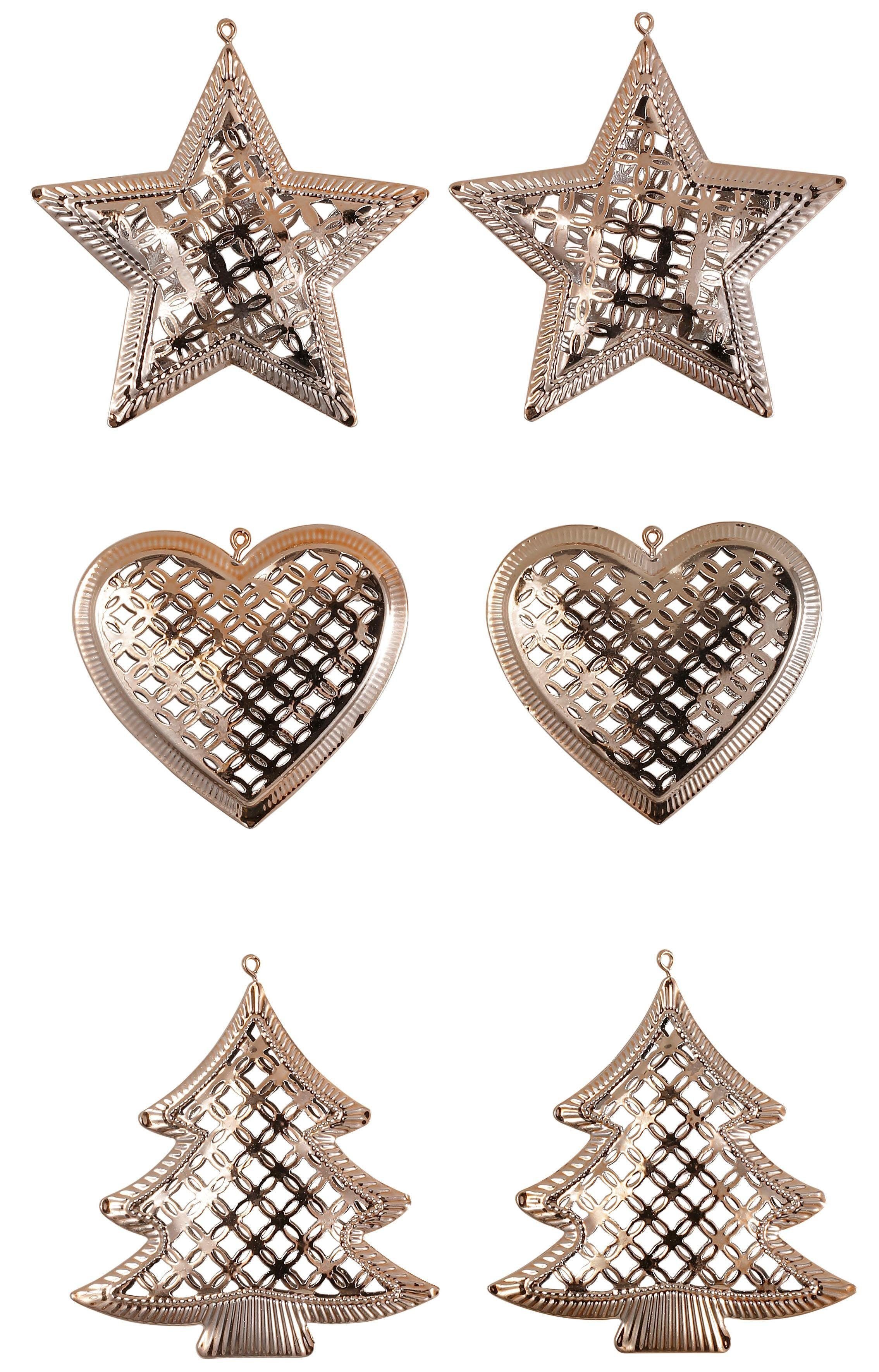 CHRISTMAS GOODS by Inge Christbaumschmuck Dekohänger Herz/Stern/Baum (6-tlg), aus Metall