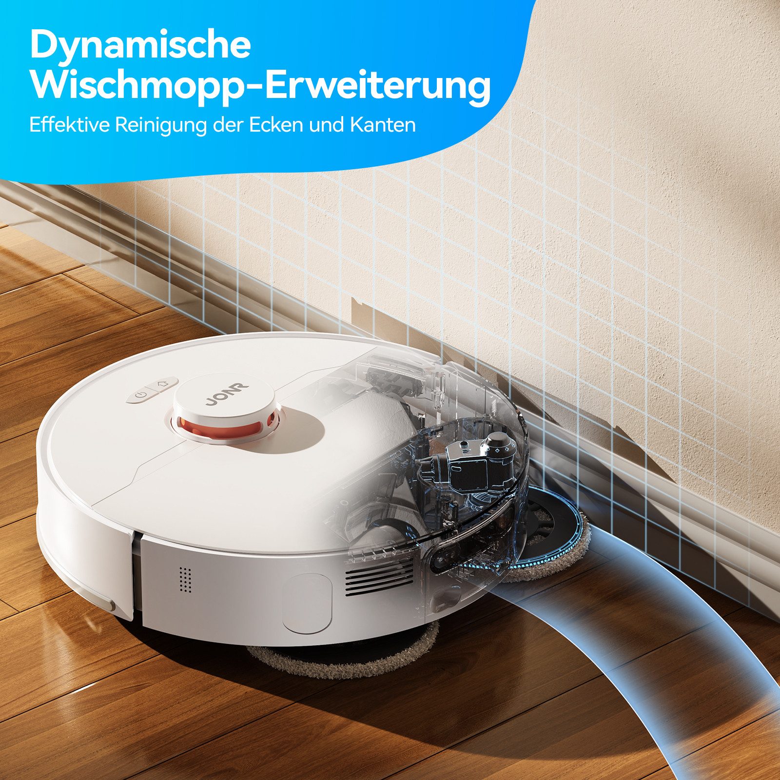 JONR Saugroboter P20 PRO mit Wischfunktion, Dynamische Mopp-Erweiterung, 50,00 W, 8000Pa All-in-One Reinigungsstation Nass Trocken Saugroboter, Intelligente Auto Mopp Hebefunktion, 8mm Auto Mop Anhebung, Adaptive Kantenreinigung, Heißlufttrocknung