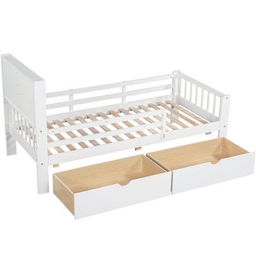 MODFU Kinderbett Jugendbett (Robuste Kiefernholzkonstruktion, Umweltfreundliches Materia), mit Schubladen und Tafel, ohne Matratze, weiß, 90*200