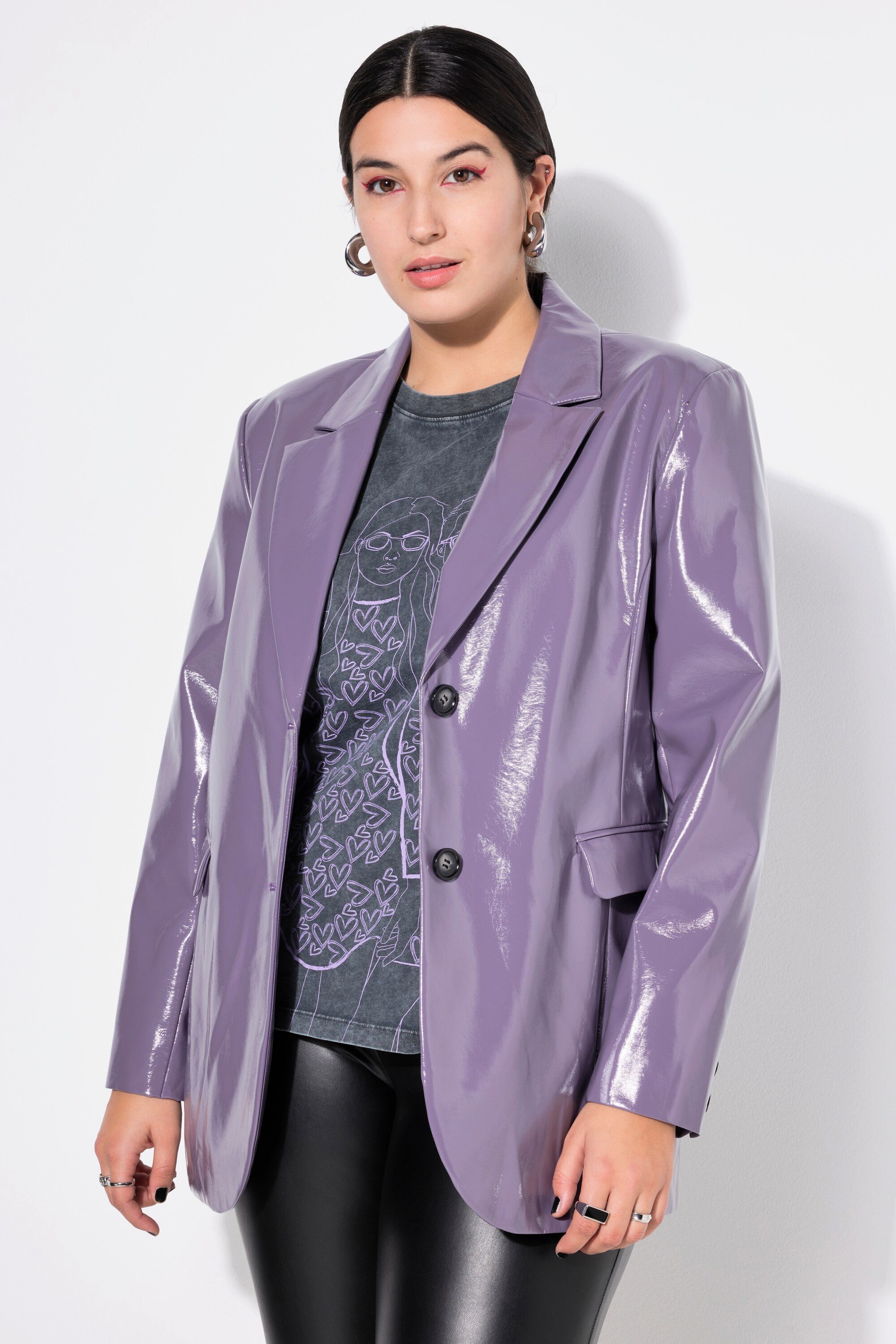 Blusenblazer Blazer Wide Shape Lackleder-Optik Revers Langarm
