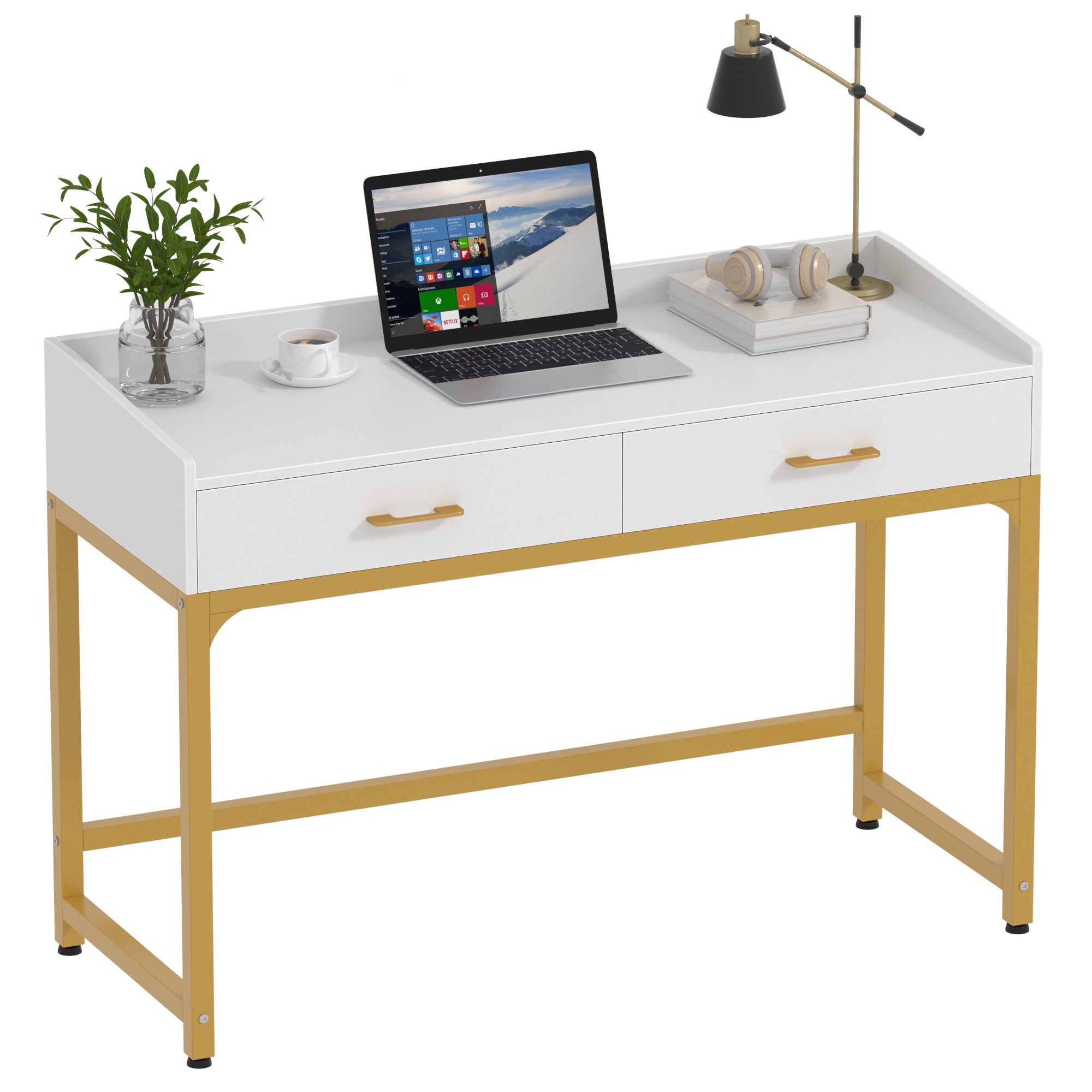 OYRREU Schminktisch mit Rückwand & 2 Schubladen, Gold-Metallgestell, Breite 100 cm (Kosmetiktisch, Set, Frisiertisch schmal, mit Kippschutz, Arbeitstisch), freistehender Tisch, Ankleidezimmer