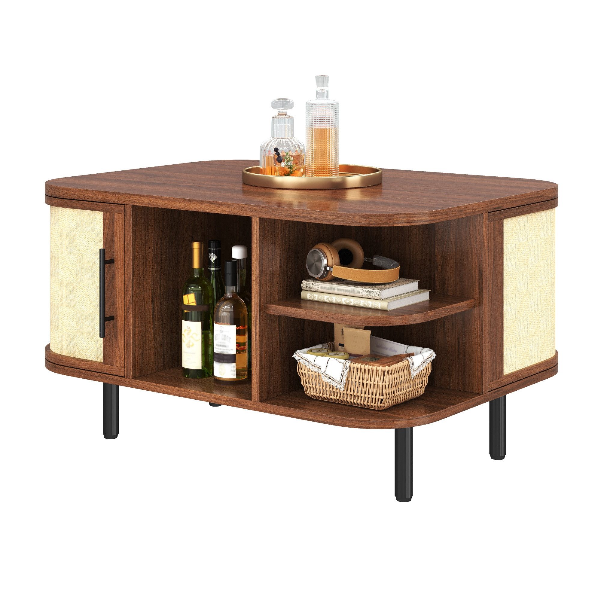 Fine Life Pro Couchtisch Couchtisch mit geflochtener Oberfläche, geschwungene Form, MDF-Korpus, Metallgriffe & -beine, Stauraum, moderner Wohnzimmertisch