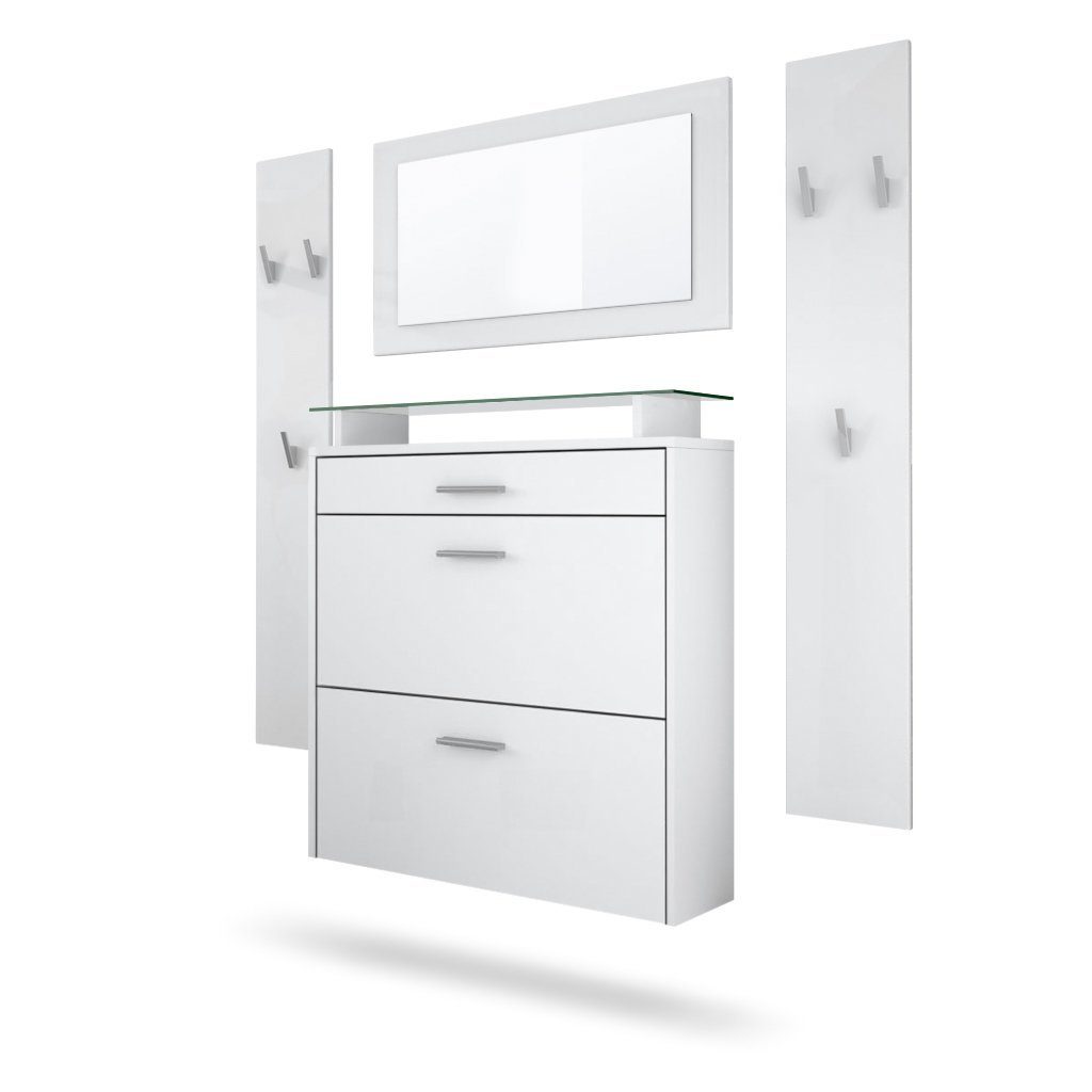 Vladon Garderoben-Set Malea, (Garderobenset bestehend aus 1 Hängeschuhschrank, 1 Wandspiegel und 2 Garderobenpaneele), Weiß matt/Weiß matt