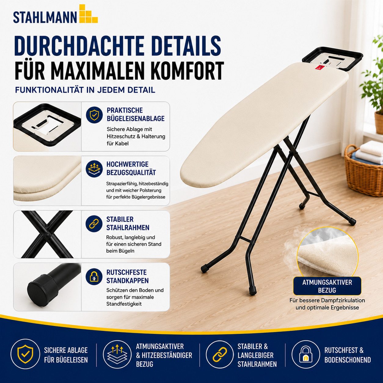 STAHLMANN COMMERCE GmbH Bügelbrett Granada [120 × 38 cm], TestCheck 1,1 SEHR GUT, Turbobezug, Bügelfläche 120x38 cm