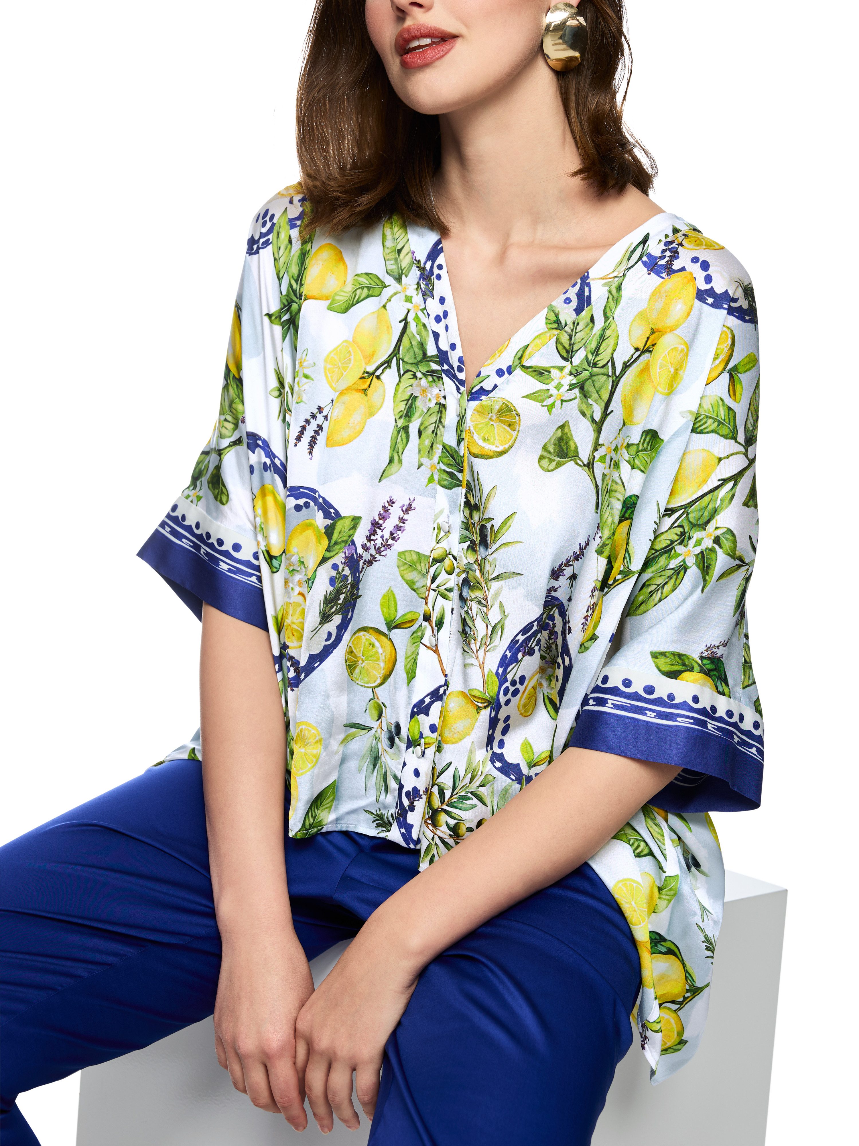 Marc Cain Kurzarmbluse Amalfi Portofino Lemons Premium Damenmode Viskosebluse mit mediterranem Print