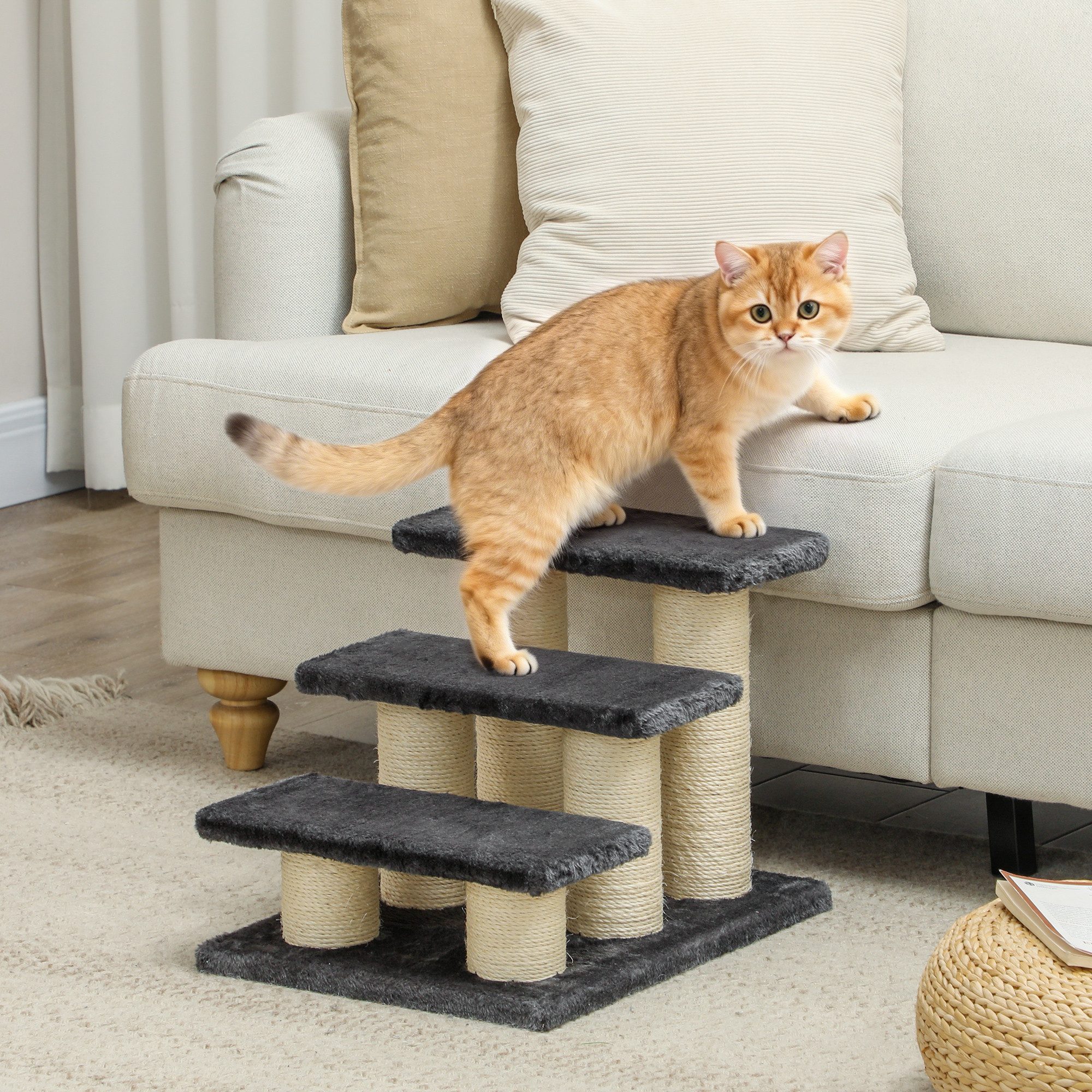 PawHut Haustiertreppe Hundetreppe 3 Stufen 34 cm Hoch für Hunde Katze mit Kratzstamm (Hunderampe, 1-St., Katzentreppe), Einstiegshilfe für Bett, Sofa, Couch Dunkelgrau