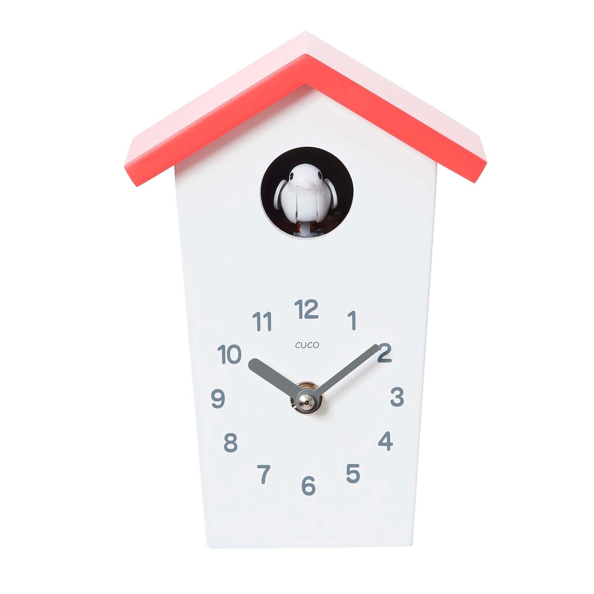 Cuco Clock Wanduhr Mini Kuckucksuhr HOCHHAUS, Wanduhr, Moderne Schwarzwalduhr (17,0 × 12,4 × 9,0cm, mit Nachtruhefunktion, Kuckucksruf, Quarzuhrwerk) Weiß/ Rot