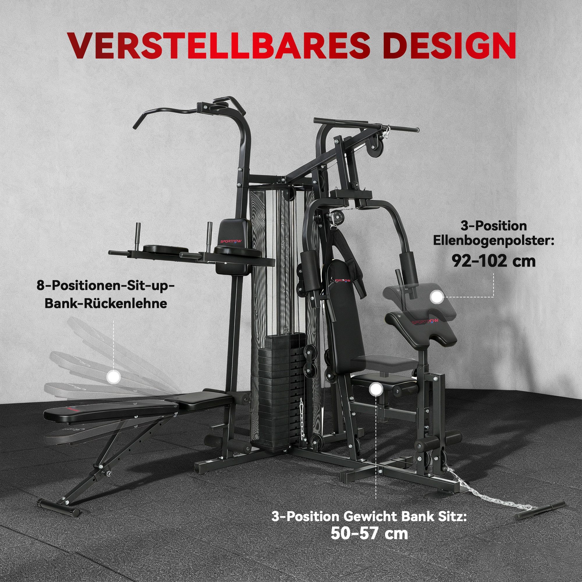 SPORTNOW Kraftstation mit Latzug, Butterflystange, 69kg Gewichten, Seil, verstellbar Bank, 12 Gewichtsblöcke (Fitnessstation, 1-tlg., Multistation), bis zu 120kg belastbar, für Zuhause