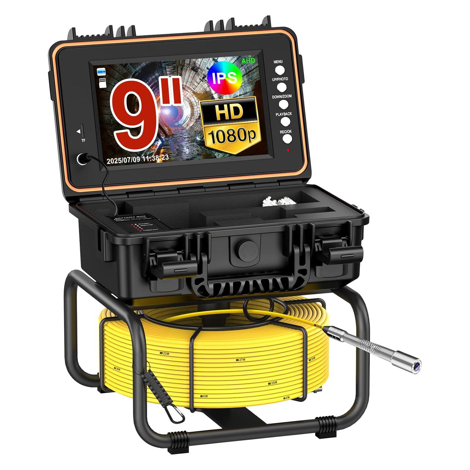 ANYSUN L09D1 Rohrkamera 30M mit Sender, Selbstnivellierung und Meterzähler Inspektionskamera (Kanalkamera mit 23mm Wasserdichter, 9" IPS Bildschirm, 1080P DVR, 5mm Kabel, 5100mAh Akku)