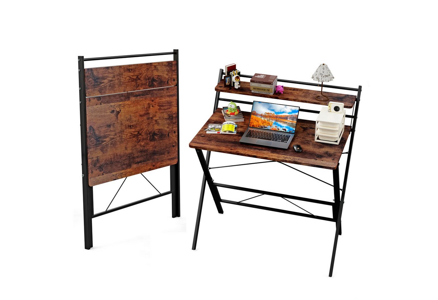 JEOBEST Computertisch Klappbarer Schreibtisch mit Regal, Home Office, kleiner Arbeitstisch 80 x 50 x 107cm