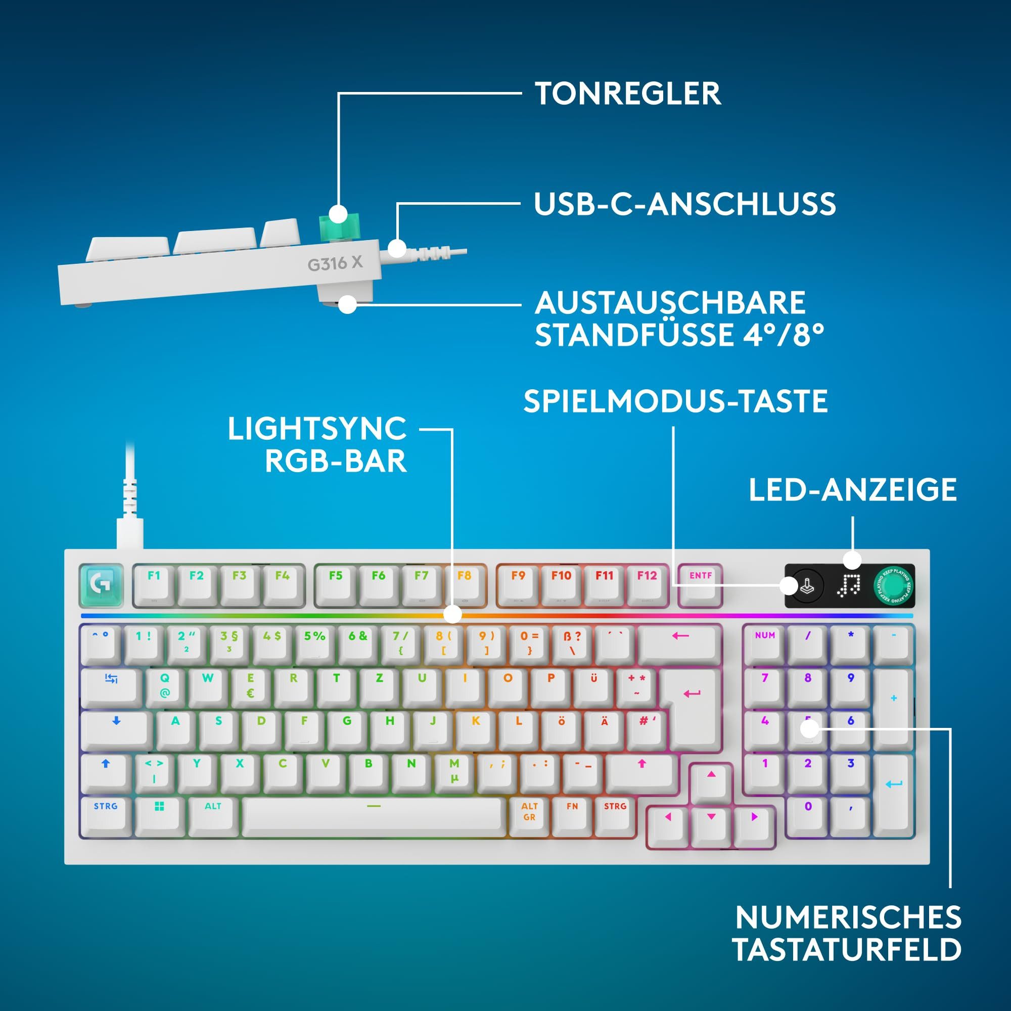 Logitech 920-014189 Tastatur (Hot-Swap Schalter, LED-Punktmatrix, RGB LIGHTSYNC)