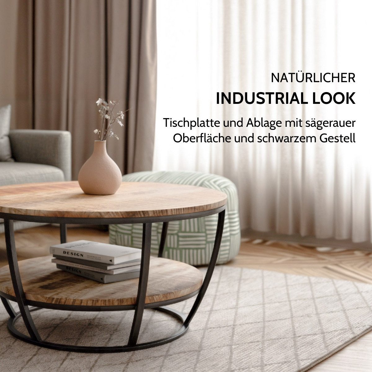 Liadomo Couchtisch Gianna, Beistelltisch, Wohnzimmertisch, mit zusätzlicher Ablage, runde Platte Mangoholz massiv, Metallgestell schwarz
