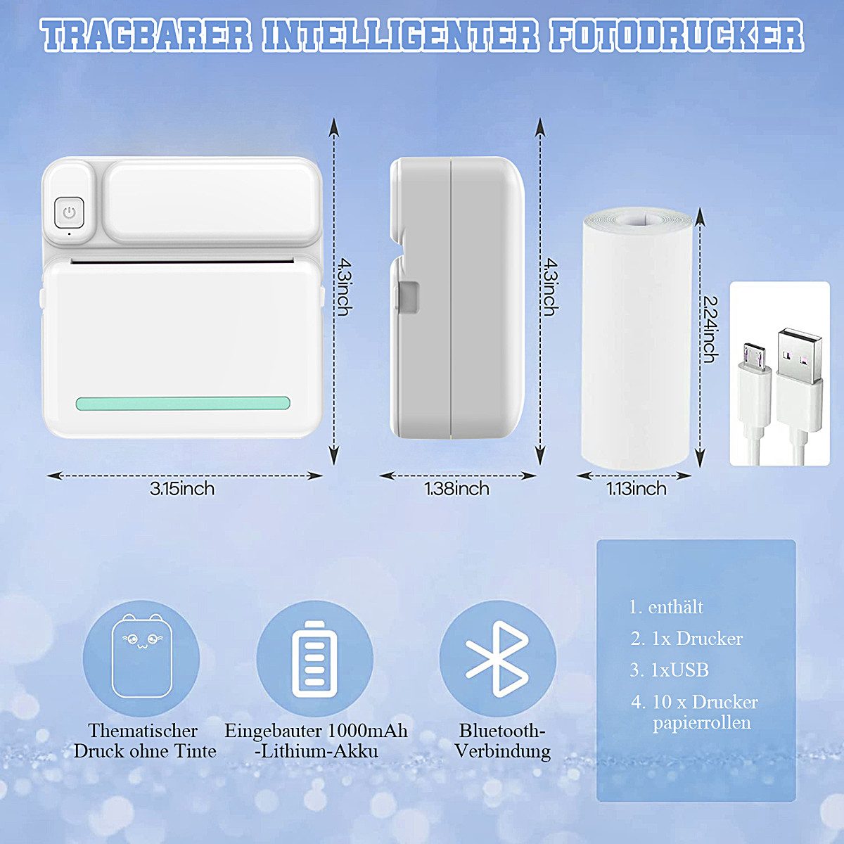 MOPUEA Thermodrucker Kompatibel für iOS Android Etikettendrucker Bluetooth Etikettendrucker, (Bluetooth-Fotodrucker, WLAN (Wi-Fi),Blau Mini-Drucker, mit 6 Farbstift, 5 Druckpapier, 5 selbstklebendes Thermopapier, 3 Farbdruckpapier)