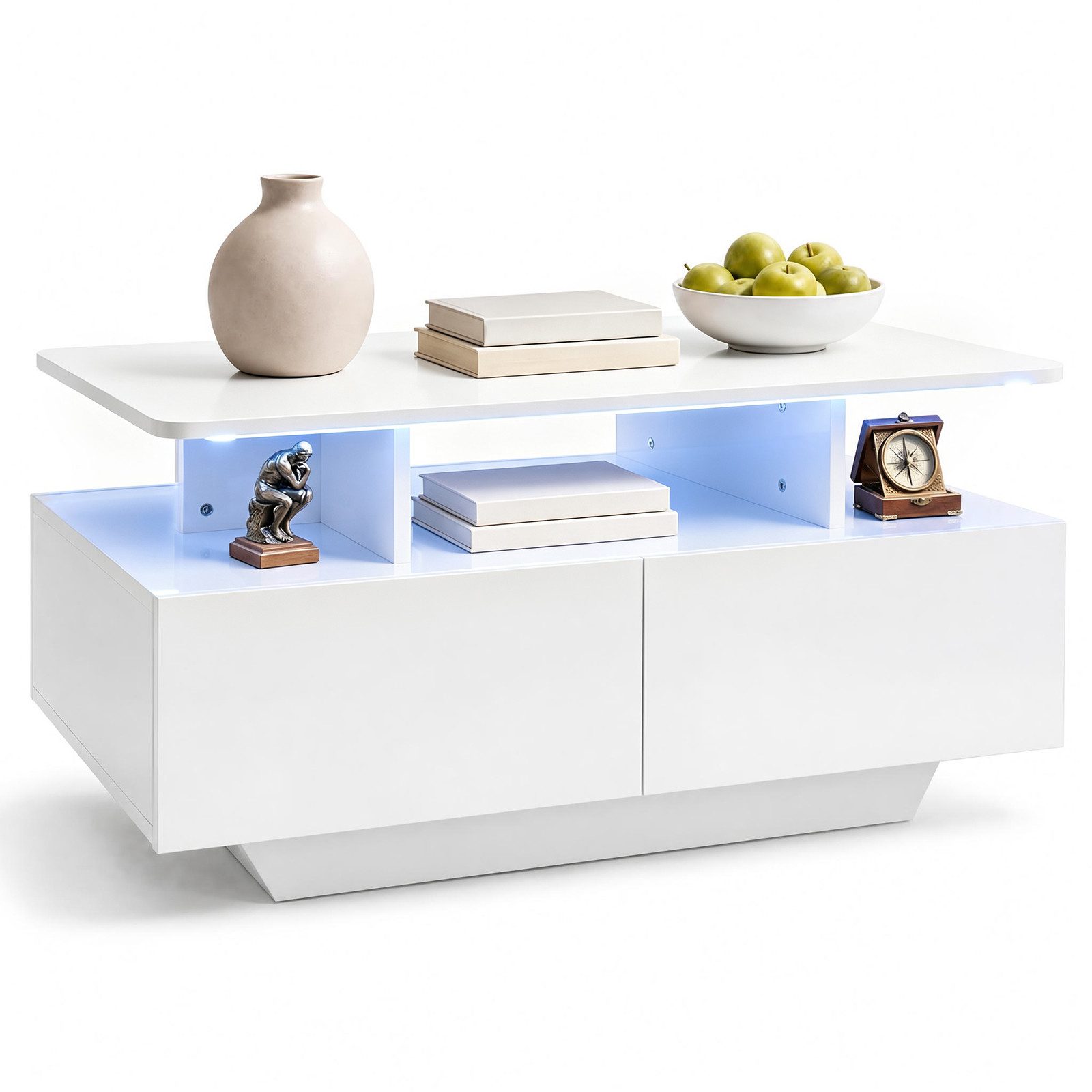 COSTWAY Couchtisch mit LED-Beleuchtung, Wohnzimmertisch mit 4 Schubladen & offener Ablage