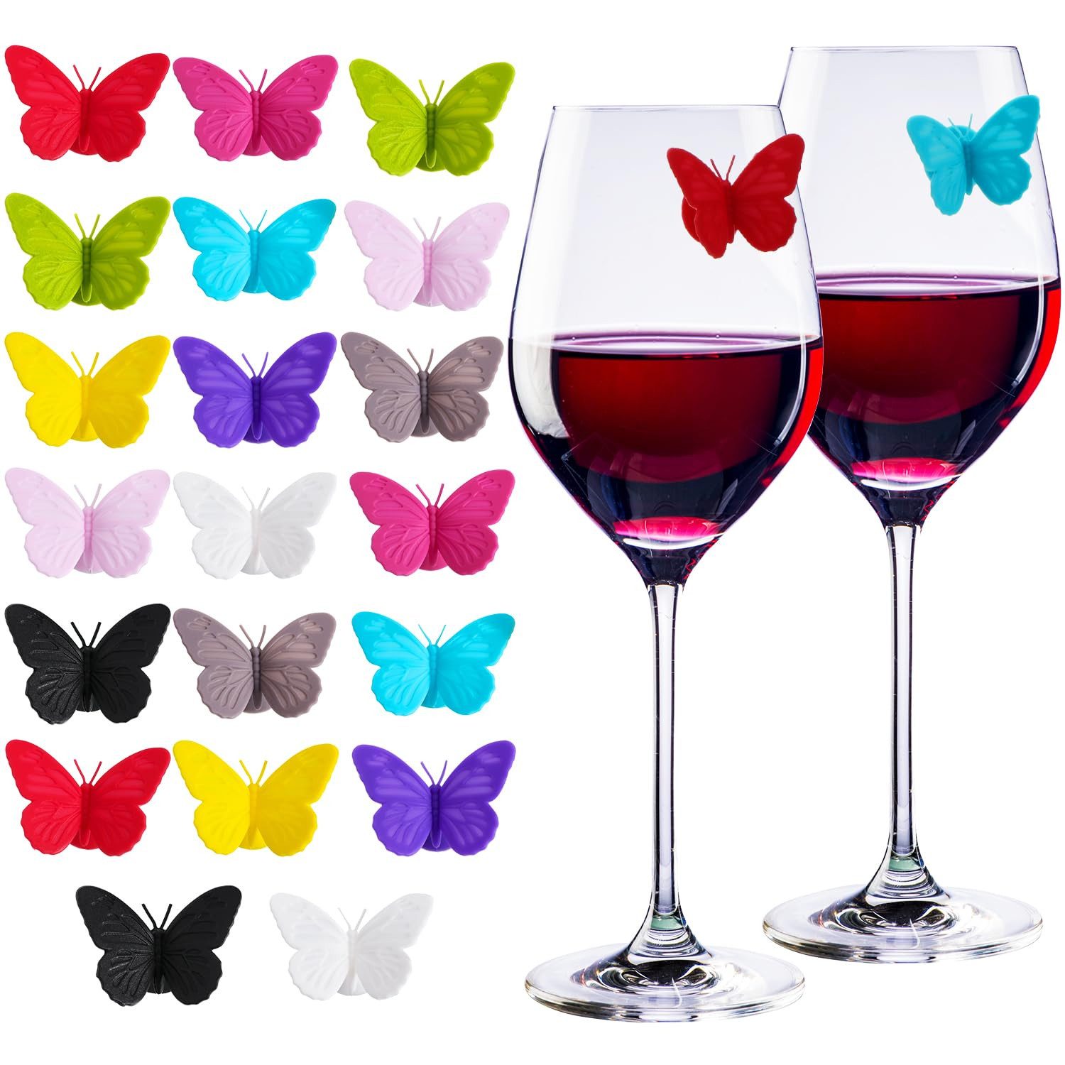 FOUORTUNATE-BEE Druckbleistift 20er Set Schmetterling Glasmarker, Saugnapf, bunt für Weingläser, (20-tlg), Glasanhänger für Partys, Hochzeiten, Geburtstage und Familienfeiern