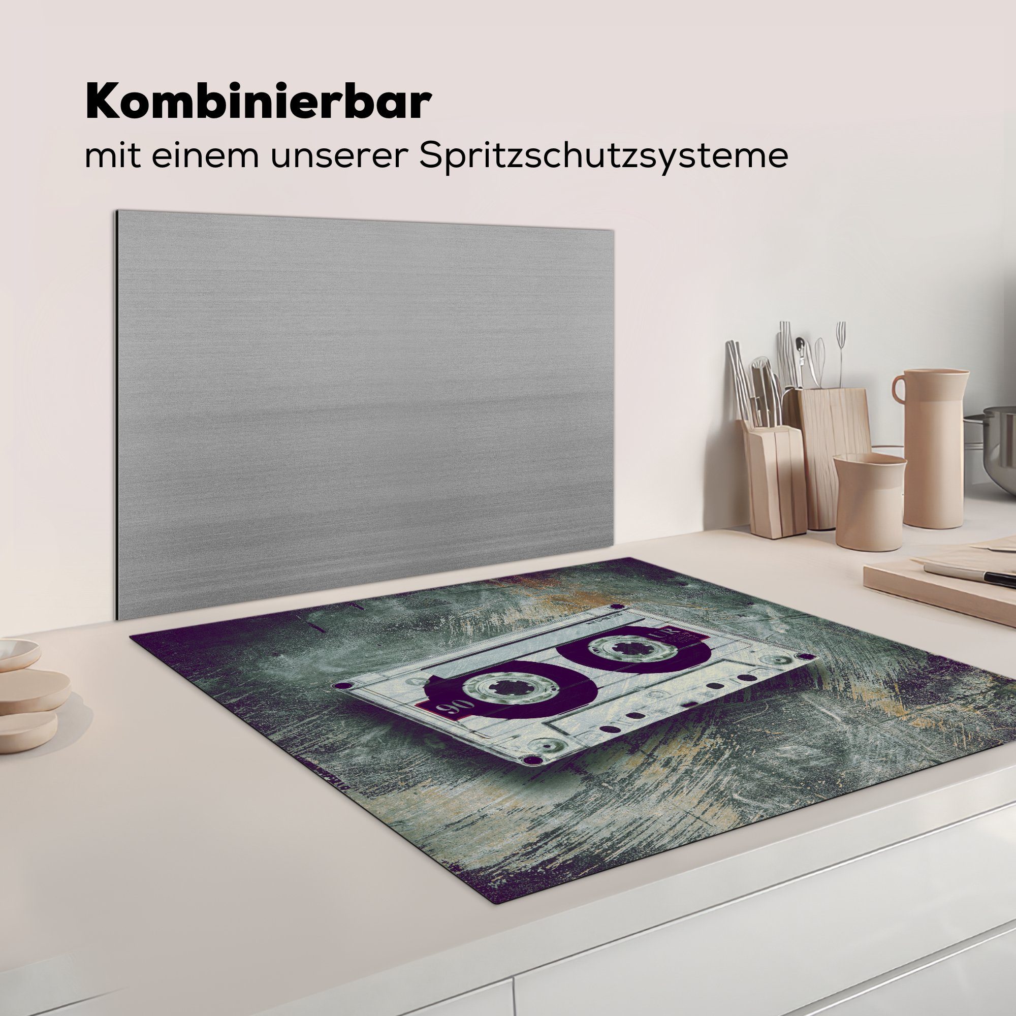 78x78 - cm, MuchoWow für küche - (1 Arbeitsplatte Vinyl, Herdblende-/Abdeckplatte Retro, Kassettenkassetten tlg), Ceranfeldabdeckung, Musik