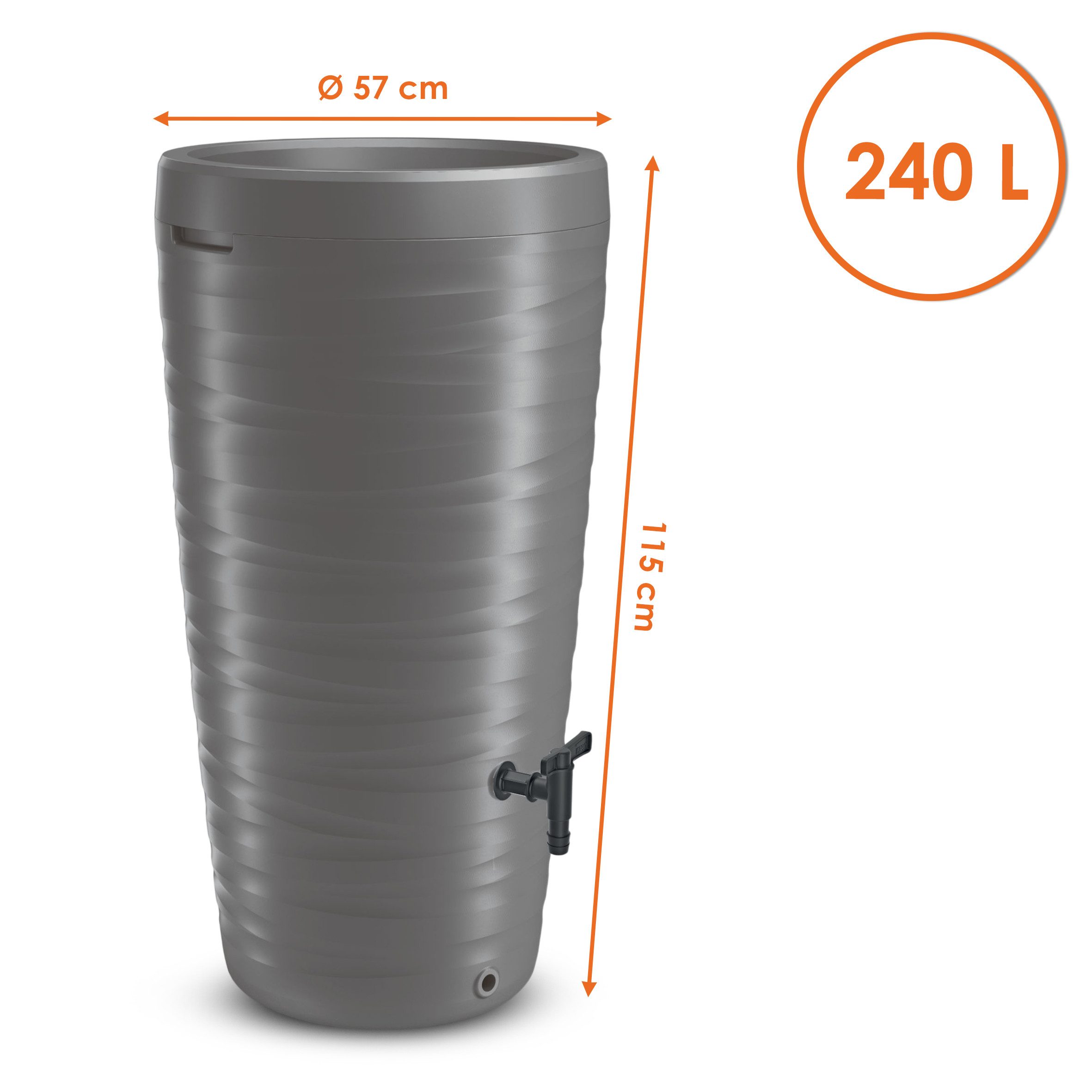 Spetebo Regenwassertank Design Regentonne 240 L mit Wasserhahn - anthrazit, 240.00 l, (Komplett-Set, 5-tlg., 2 x Ablauf- Anschlüssen- Anschluss-Abdeckung- Pflanzschale), Regentank mit Pflanzschale als Deckel - Regen Fass Wasser Tank