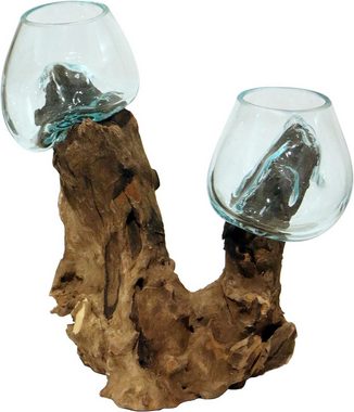 Wogeka Dekovase Doppel Glas-Vase Ø Glas 10-11 cm auf Wurzel-Holz Gamal Teakholz