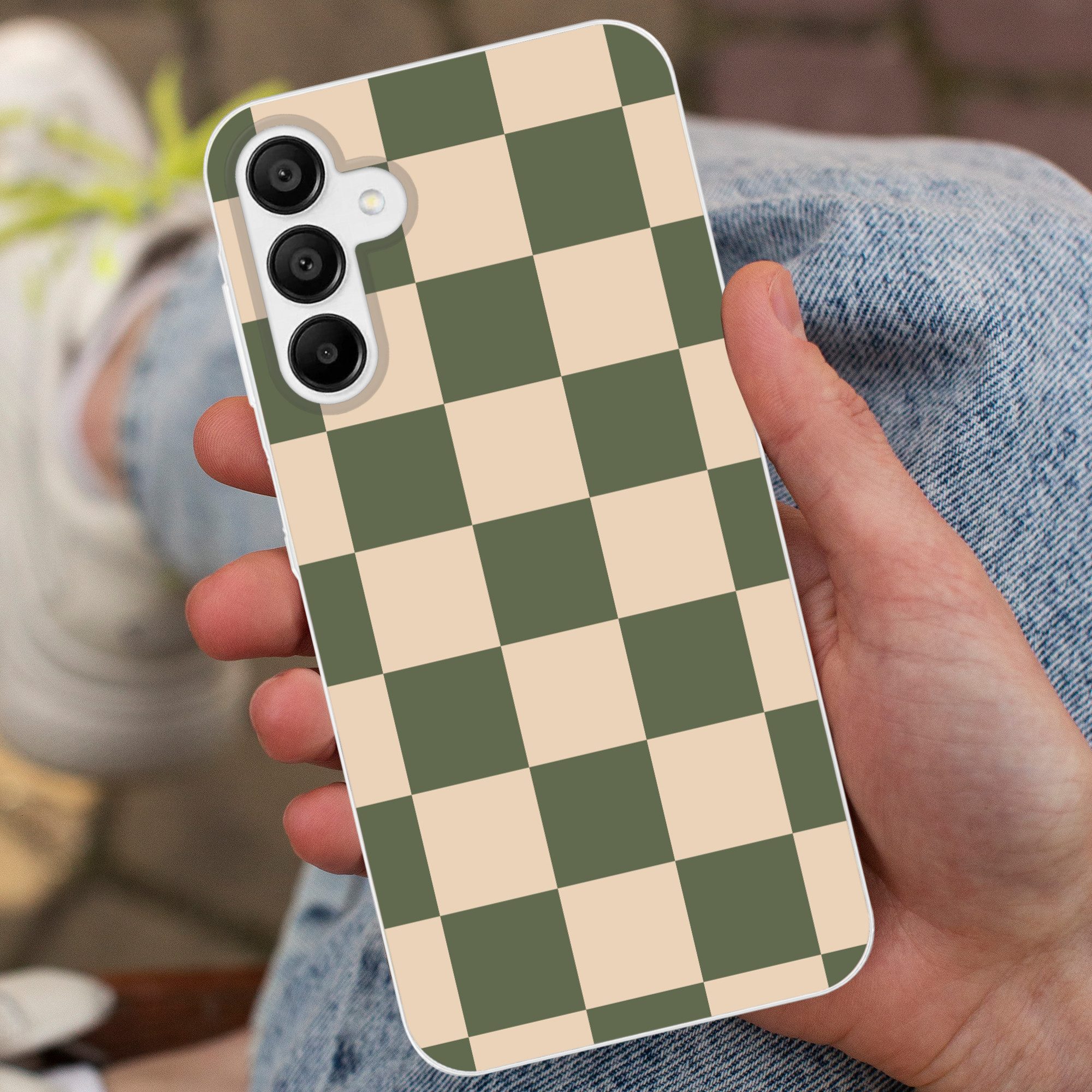 MuchoWow Handyhülle für Samsung Galaxy A15 Schachbrettmuster - Grün - Beige - Blöcke, Smartphone-Bumper, Print, Handy Schutzhülle Dünn