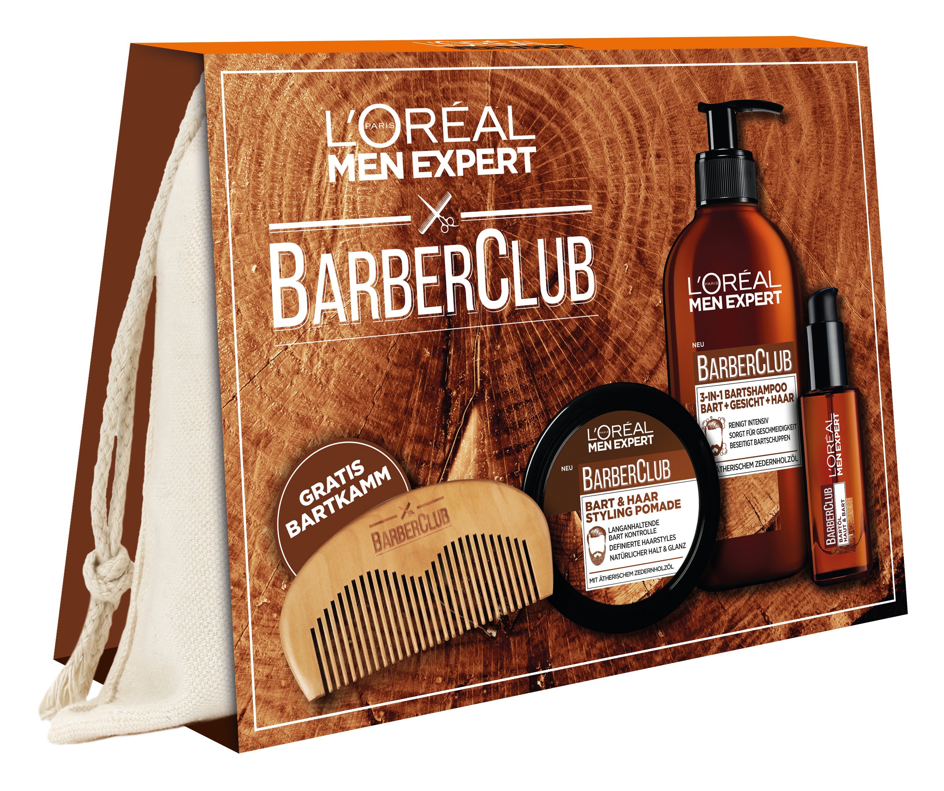 L'ORÉAL PARIS MEN EXPERT Bartpflege-Set Barber Club Premium, 5-tlg., die ganze Bartpflegeroutine im coolen Jutebeutel