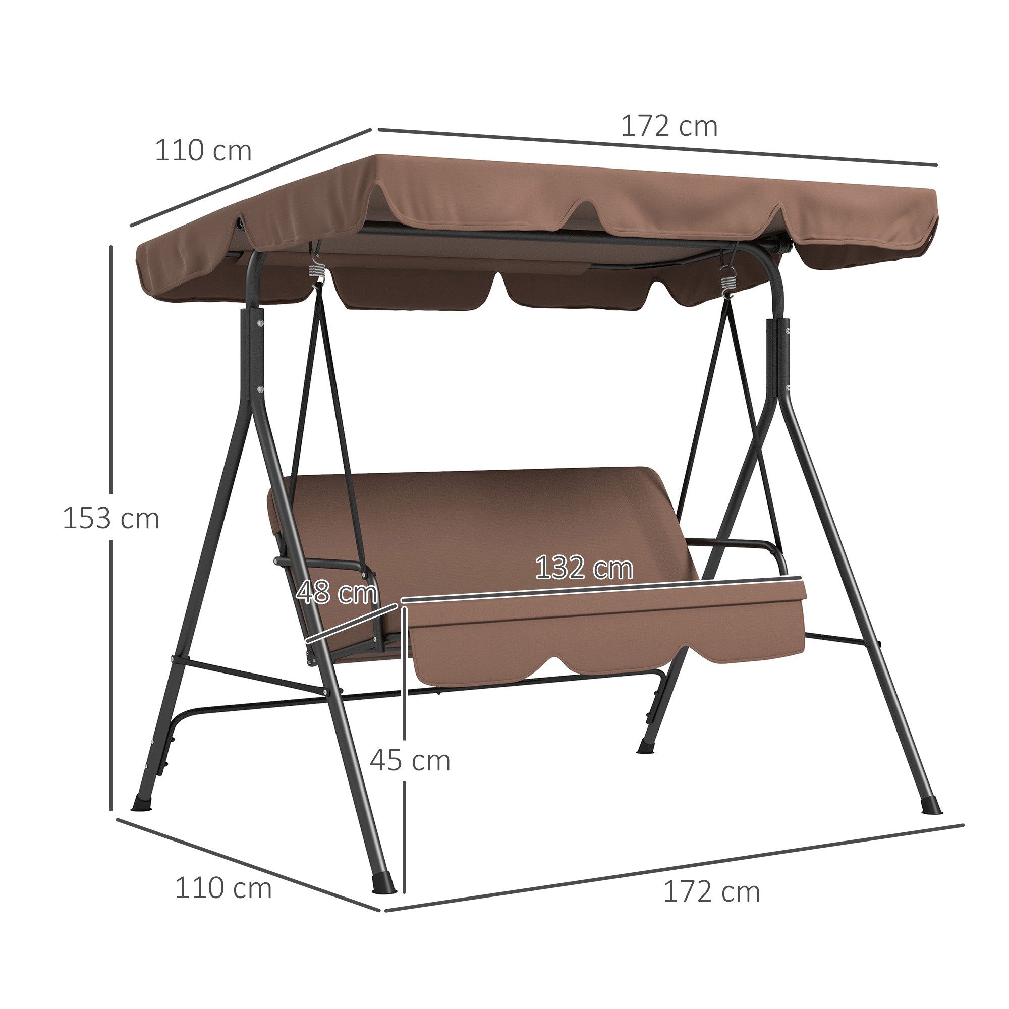 Outsunny Hollywoodschaukel Gartenschaukel, verstellbar, Schaukelbank belast bis 200 kg, 3-Sitzer, mit verstellbarem Dach, Schwingbank, 1 tlg., Gartenschaukel, bis 200 kg belastbar, für Garten, Balkon, Mesh, Braun