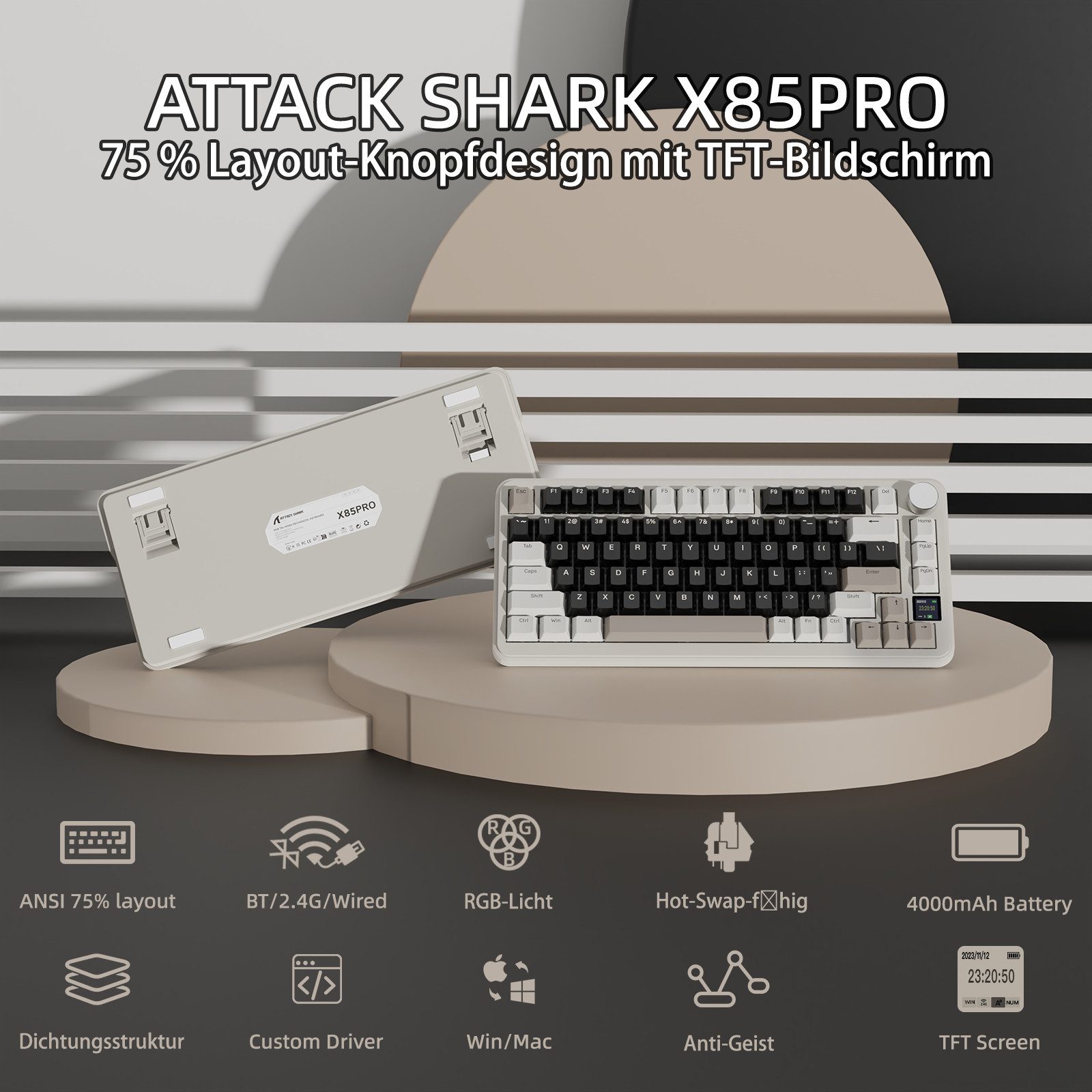 ATTACK SHARK X85PRO Mechanische Tastatur mit drei Modi,TFT-Bildschirm Gaming-Tastatur (75 % CNC-Knopf, 5-lagige Polsterung, Hot-Swap-Linearschalter, RGB)