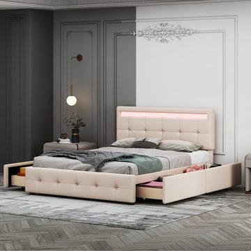 WISHDOR Polsterbett Doppelbett Stauraumbett (140 x 200 cm beige (ohne Matratze), mit LED, Lattenrost & Bettkasten auf Rollen