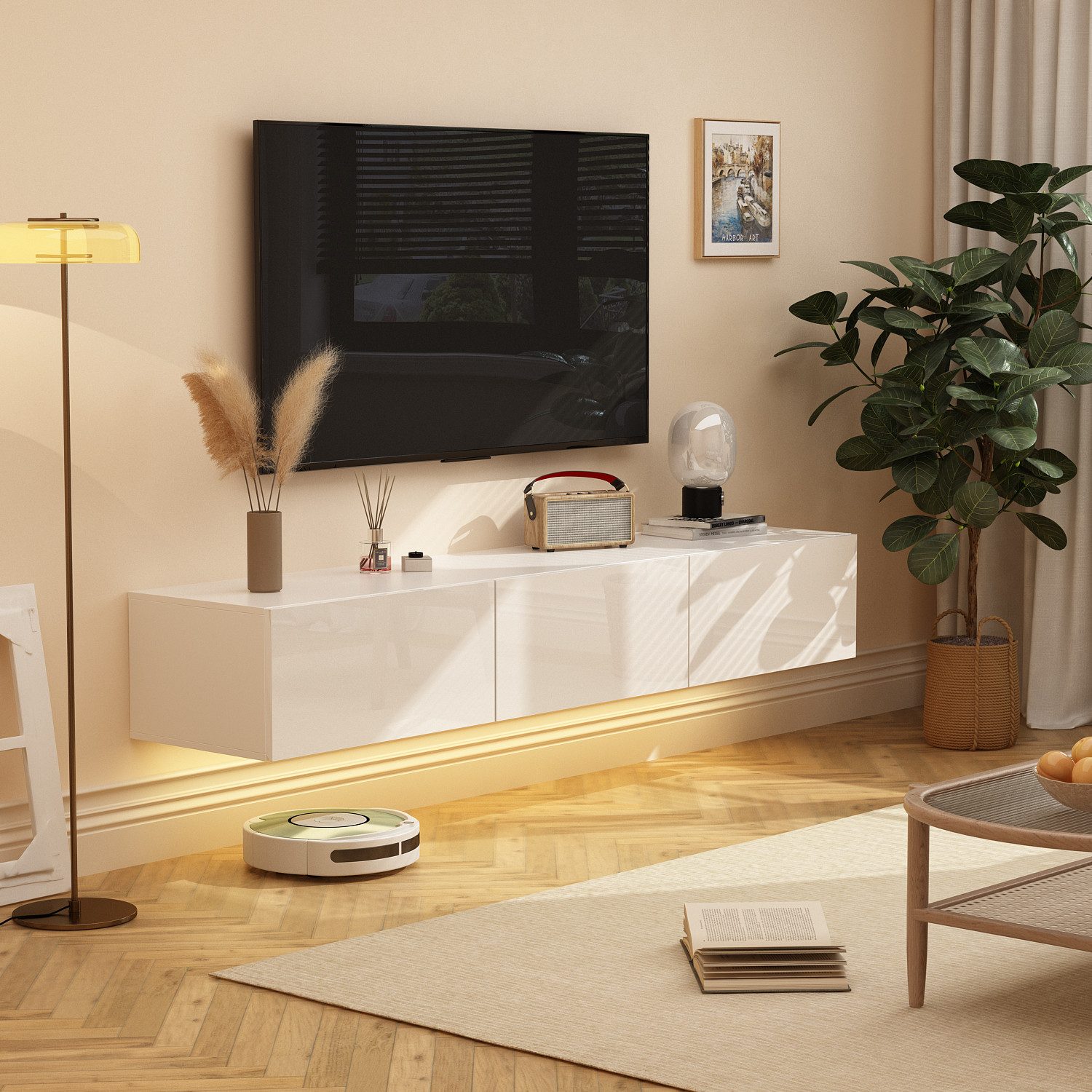 FUFU&GAGA Lowboard Lowboard mit Beleuchtung und 3 Schubladen weiß 160 x 35 günstig online kaufen