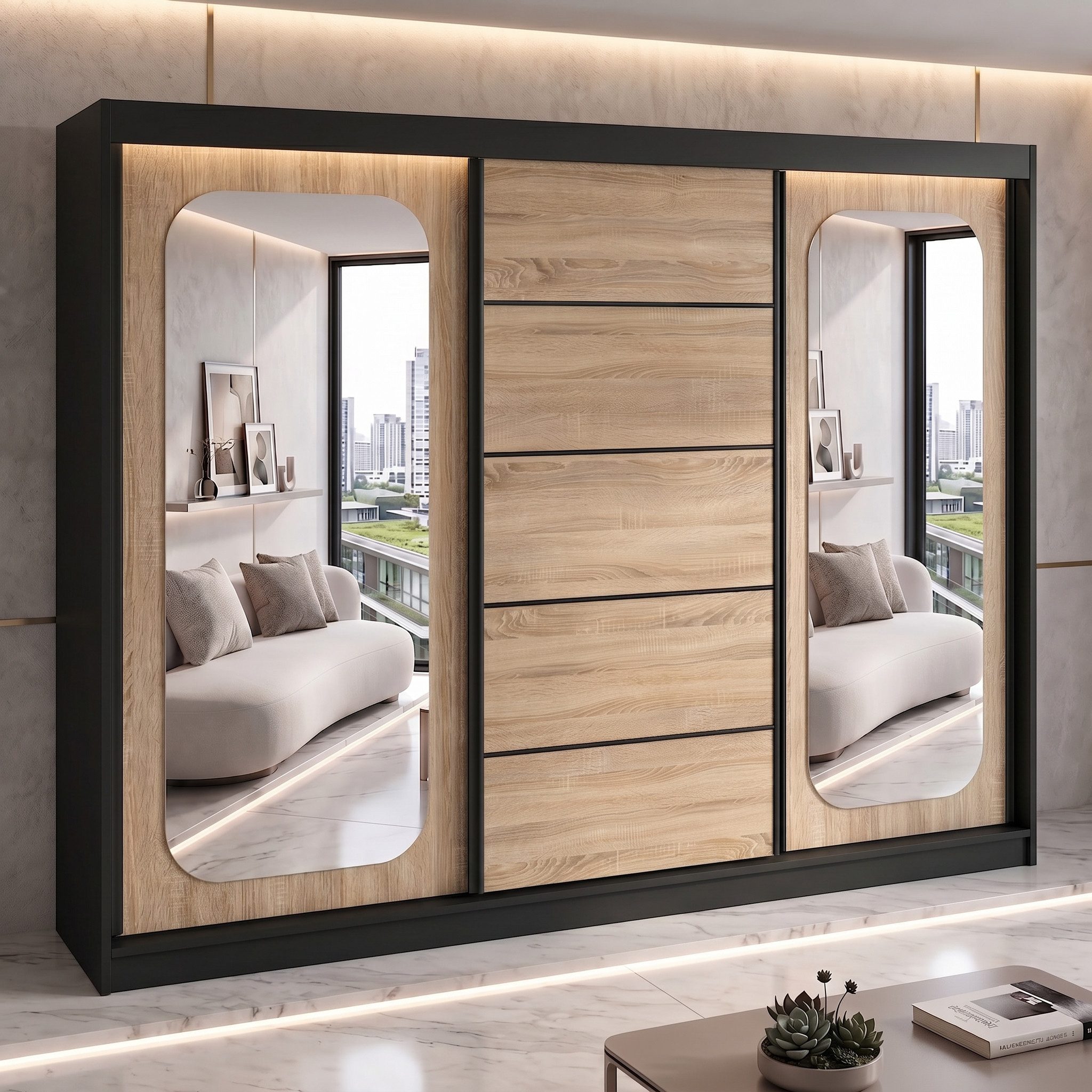 A&J MöbelLand GmbH Schiebetürenschrank BELANO – Moderner Kleiderschrank mit Schiebetüren (Die perfekte Kombination aus modernem Design, hoher Funktionalität und großzügigem Stauraum für Kleidung, Bettwäsche und Accessoires, erhältlich in verschiedenen Farben und Innenaufteilungen., Breite: 200 cm, Höhe: 215 cm, Tiefe: 59,5 cm) TOP ANGEBOT! Moderner Schwebetürenschrank.