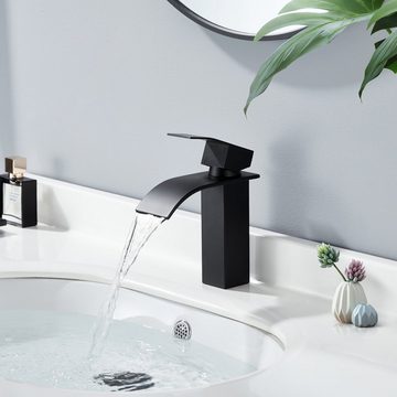 aihom Waschtischarmatur Wasserfall Wasserhahn Bad Badarmatur Waschtischarmatur Schwarz, Einhand-Waschtischbatterie Kaltes und Heißes