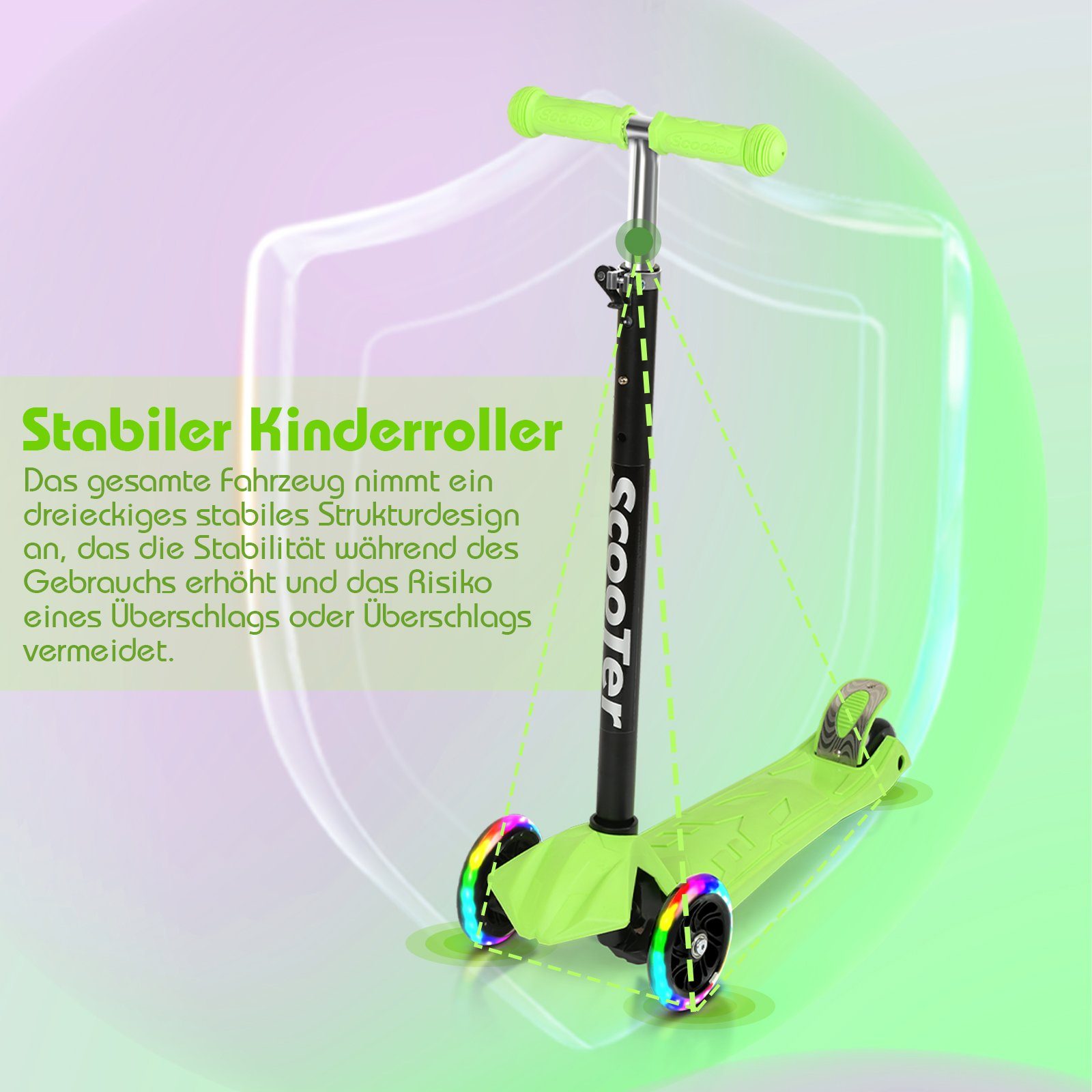 Grün Räder Gimisgu Höhenverstellbar Tretroller Cityroller Kinderroller Scooter LED