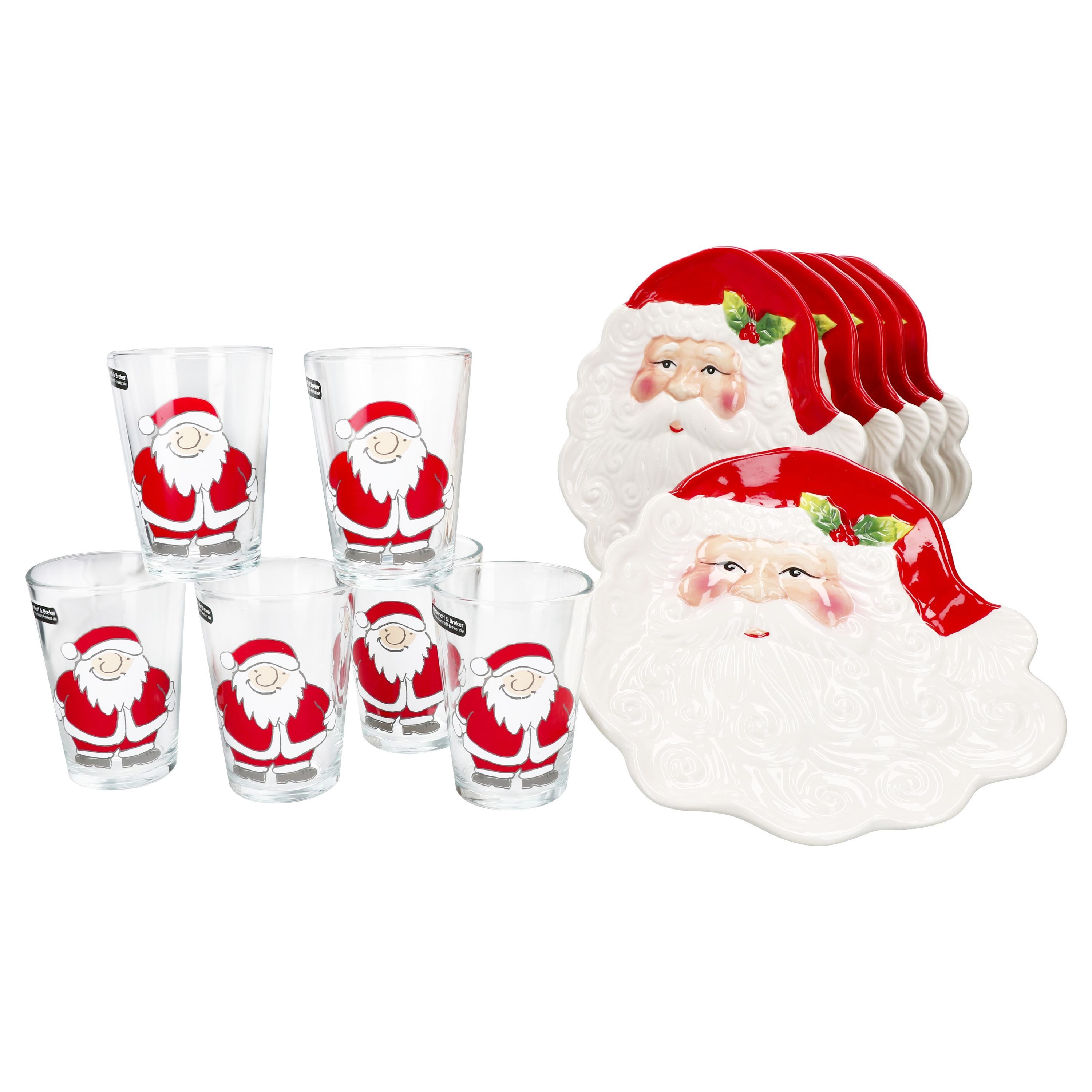 Servierplatte 12tlg Set Santa 6x Milch-Gläser 240ml & Gebäckteller Weihnachtsmann