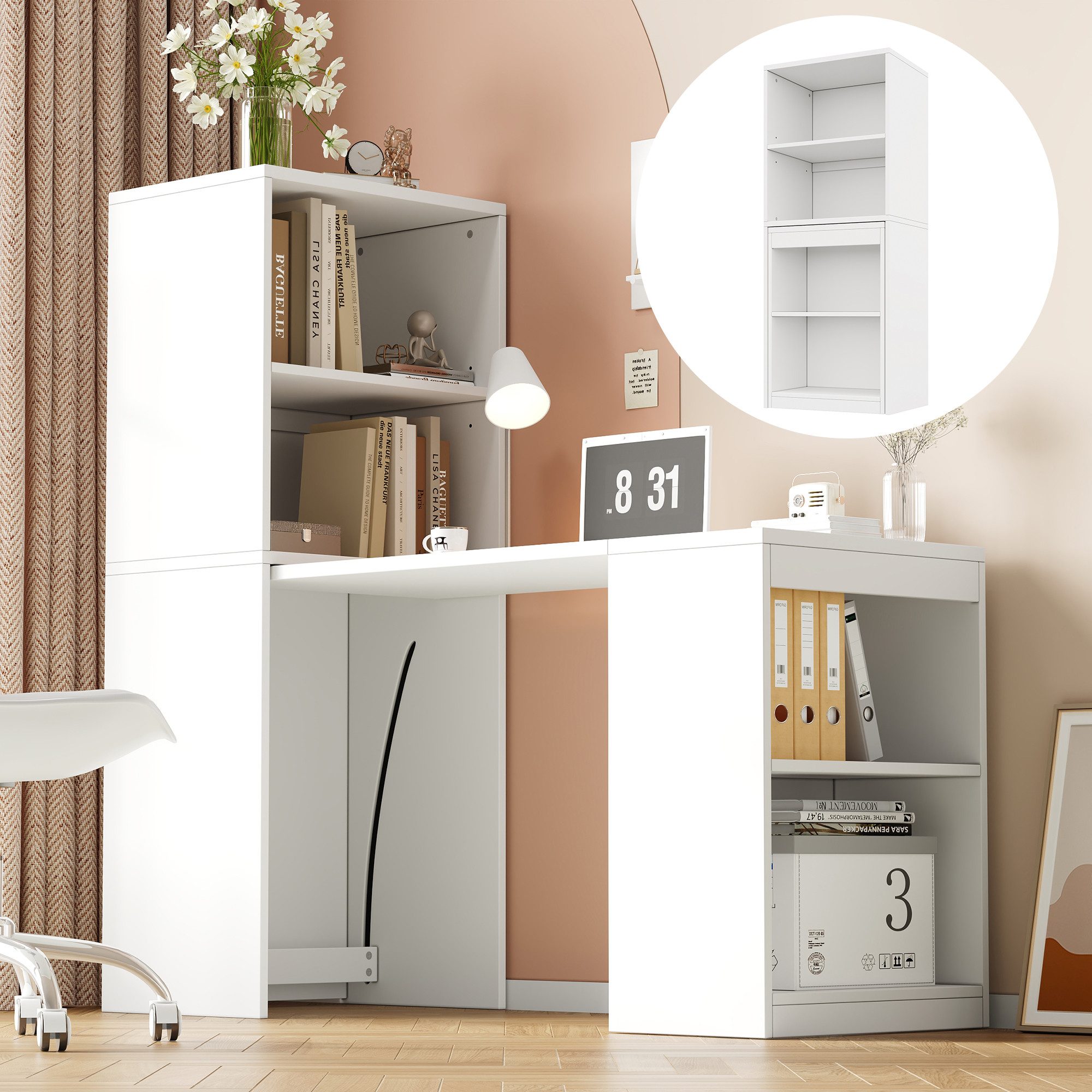 Flieks Regal-Schreibtisch 2-in-1 Multifunktionaler Klapptisch mit Rollen/Bücherregal mit Fächern (Tischplatte: 90x51 cm, Standregal: 55x40x137 cm, Gesamtlänge 130 cm, 1-St., mit verstellbarer Einlegeböden), Computertisch Eckschreibtisch Arbeitstisch Bürotisch mit Regalen Weiß
