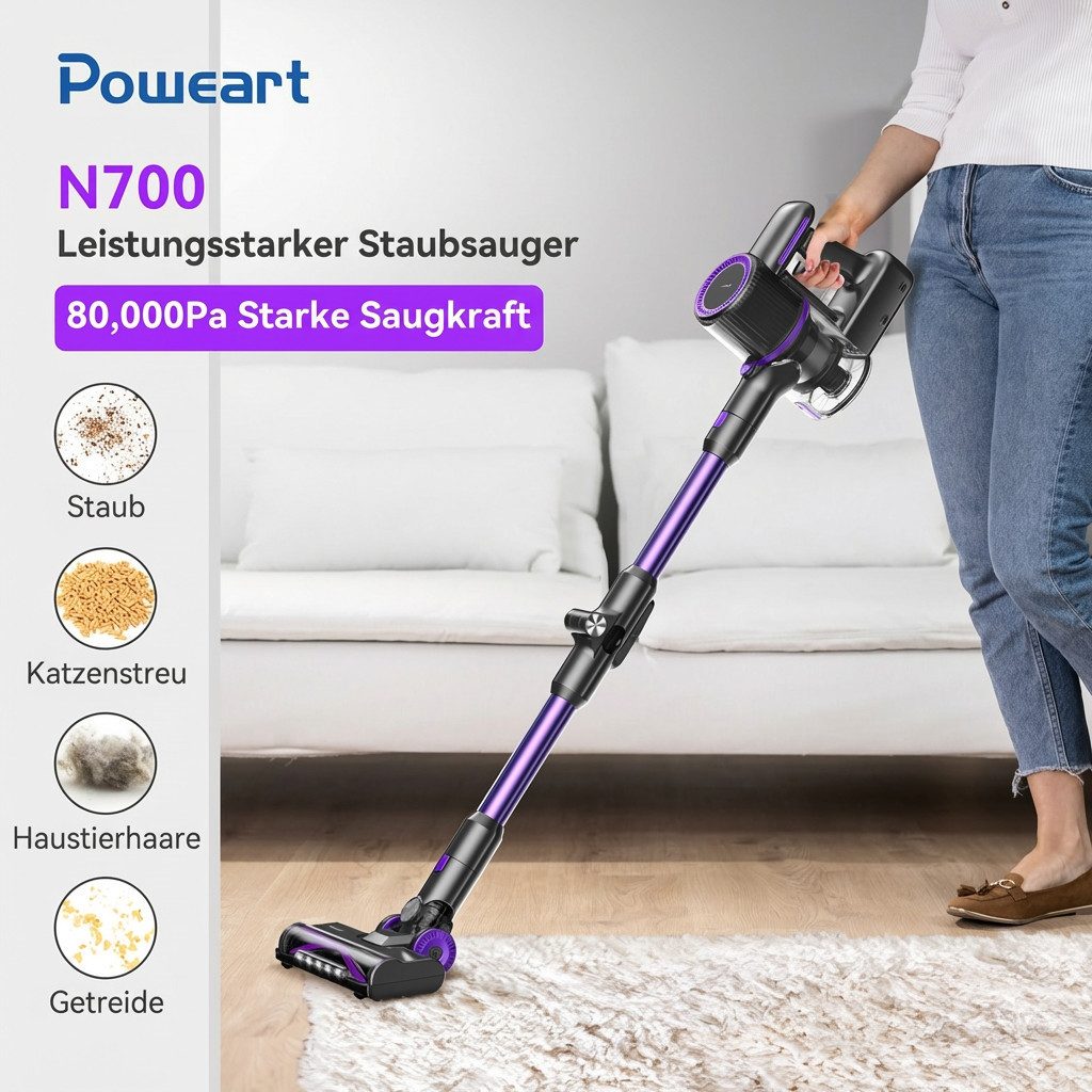 POWEART Akku-Hand-und Stielstaubsauger Akku Staubsauger 80000Pa/60 Min/1,8 L Staubsauger Kabellos, mit Beutel, 50dB leise/6-Stufen-Filter/LED Display, Ideal für Böden/Teppiche/Auto